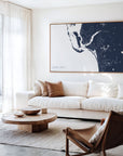 Southwest Florida navy horizontal canvas map in an oak framed room scene