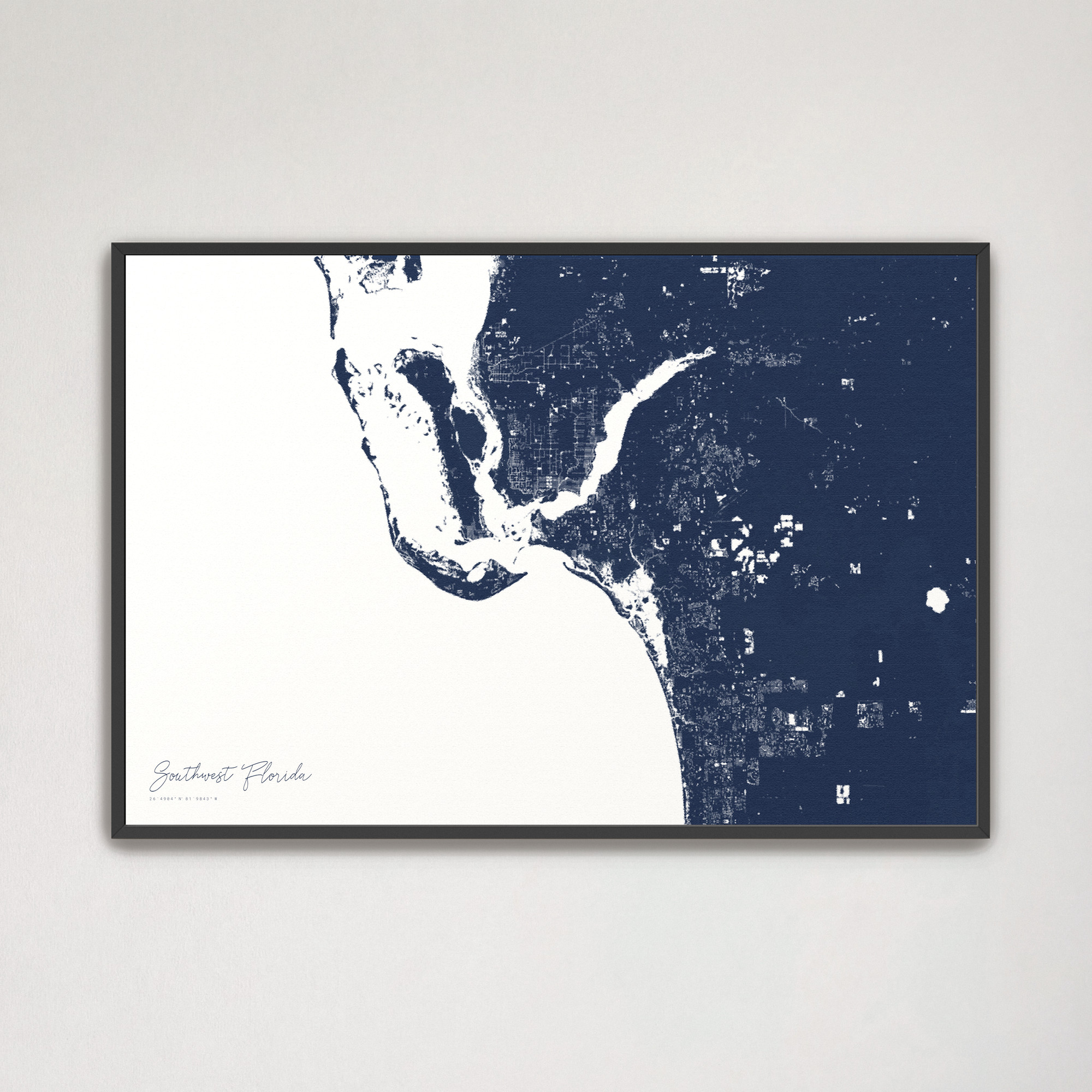 Southwest Florida Coastal Map — Canvas Horizontal, navy, Black Frame