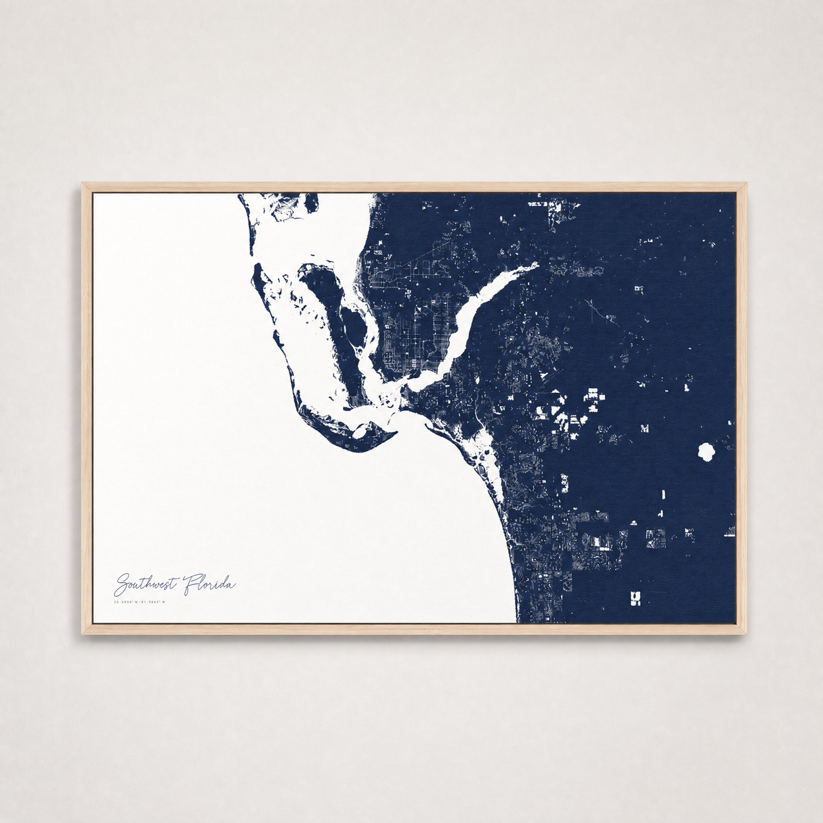 Southwest Florida Coastal Map — Canvas Horizontal — navy, Light Wood