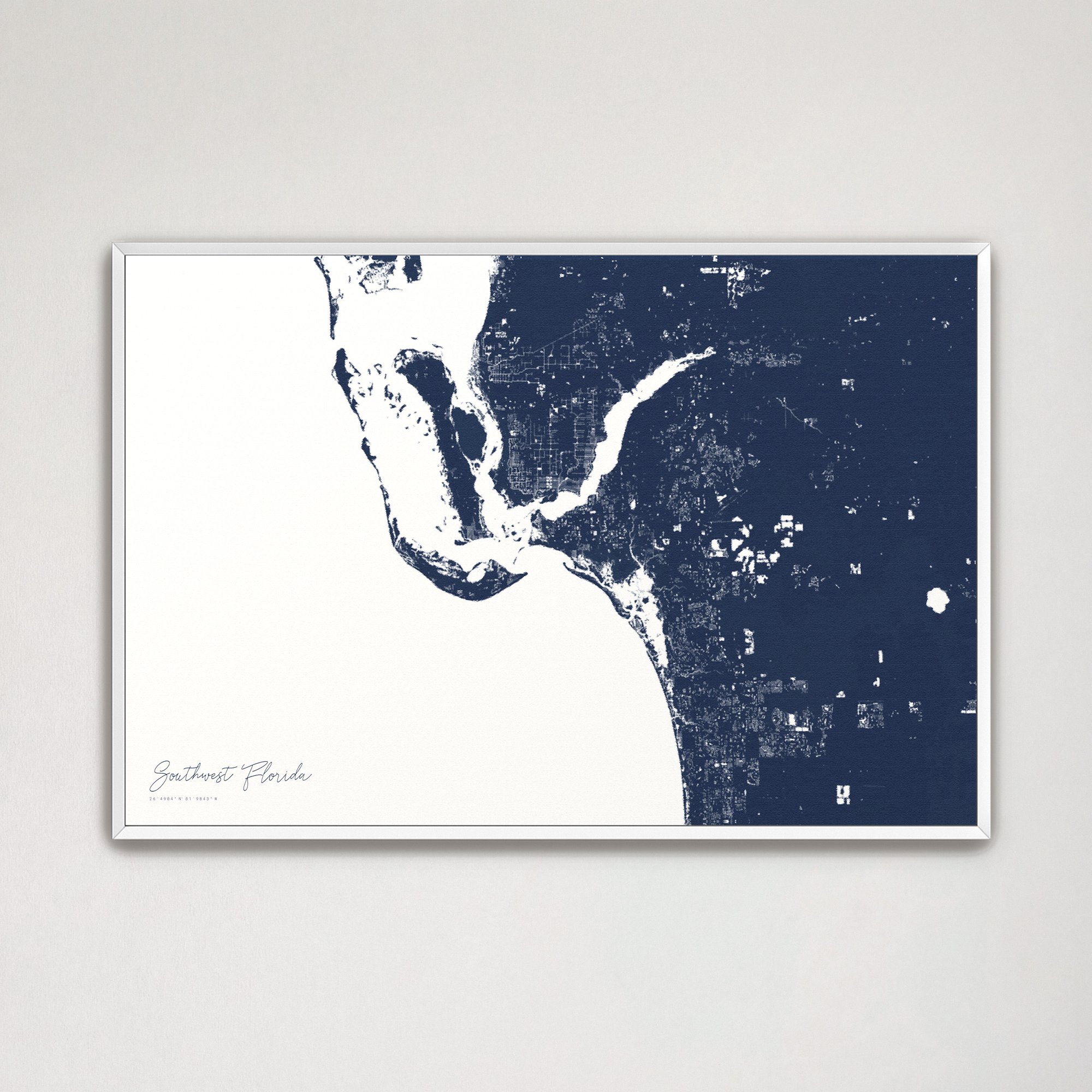 Southwest Florida Coastal Map — Canvas Horizontal, navy, White Frame