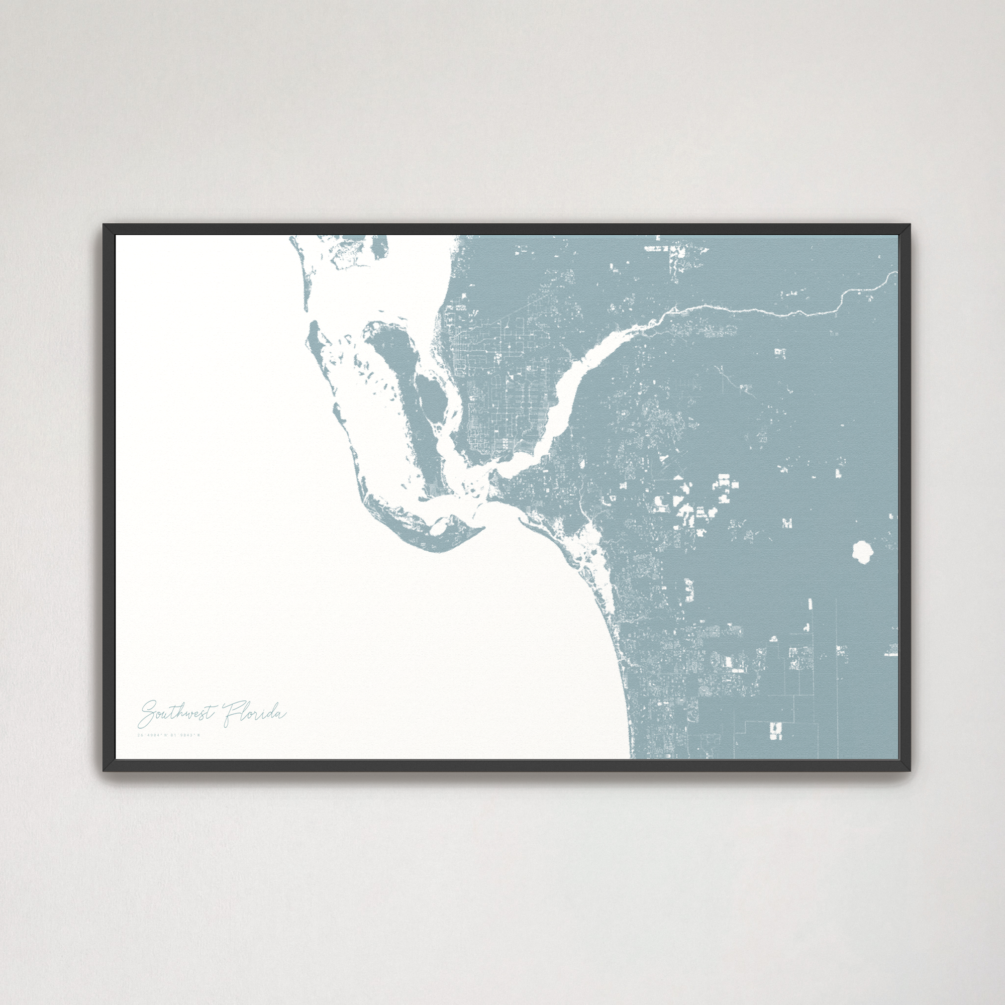 Southwest Florida Coastal Map — Canvas Horizontal, soft-blue, Black Frame