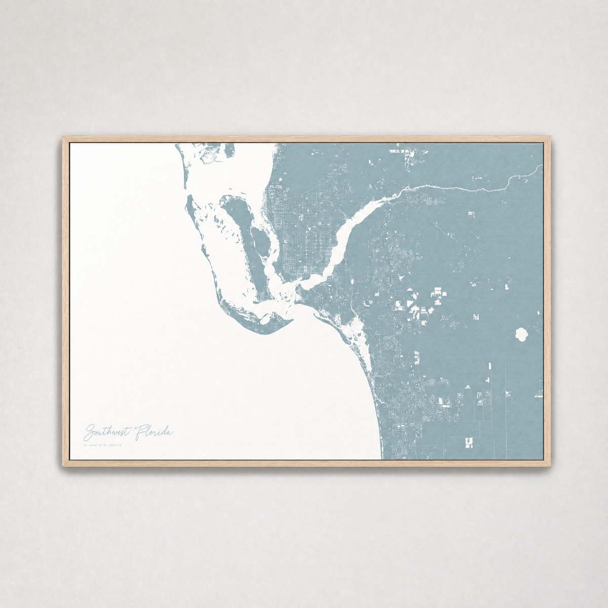 Southwest Florida Coastal Map — Canvas Horizontal — soft-blue, Light Wood