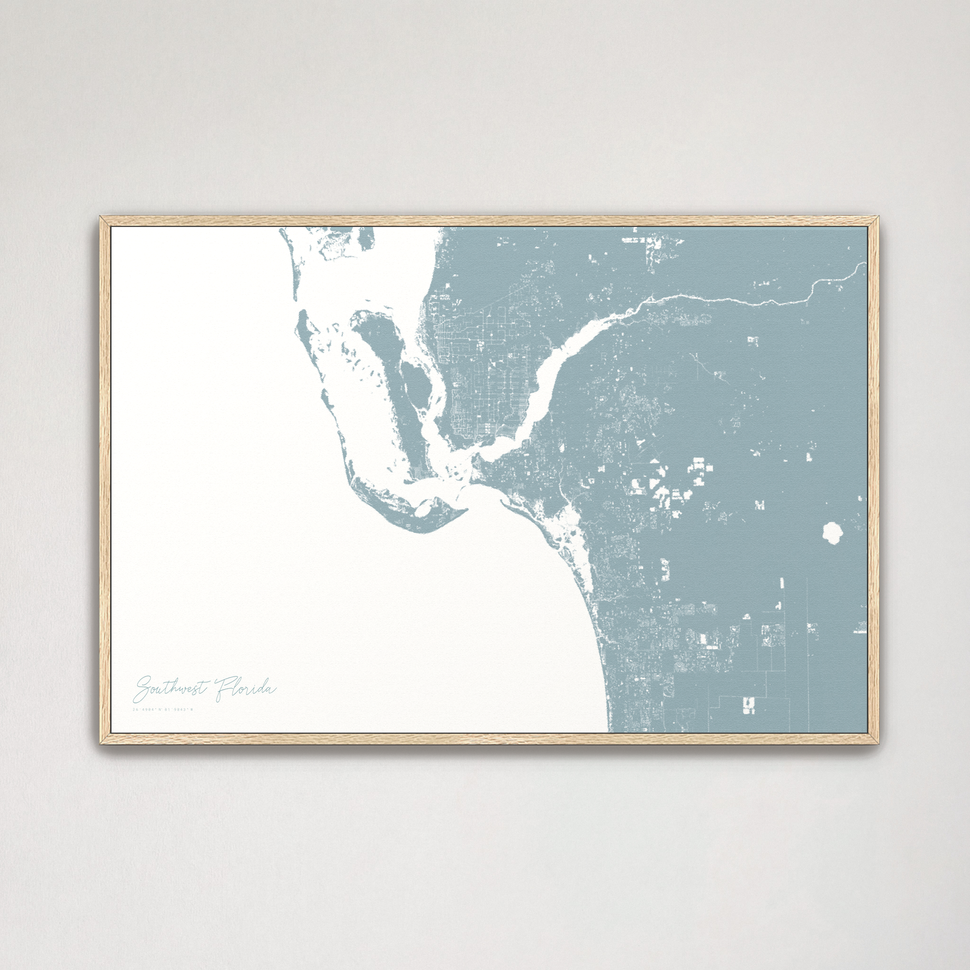 Southwest Florida Coastal Map — Canvas Horizontal, soft-blue, Natural Oak