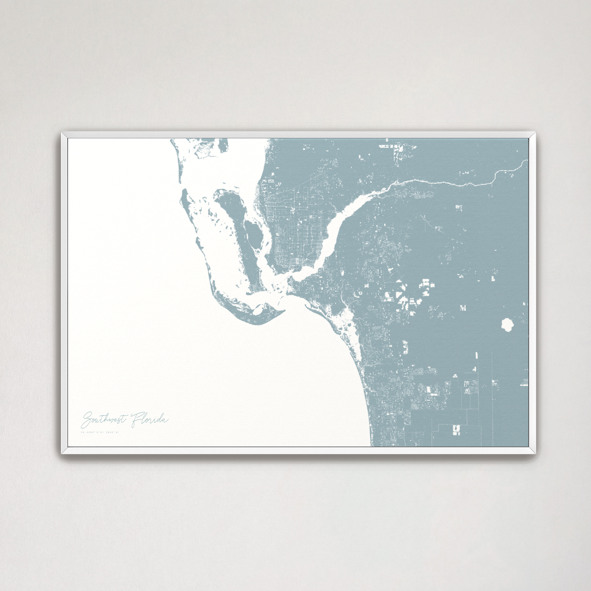 Southwest Florida Coastal Map — Canvas Horizontal, soft-blue, White Frame