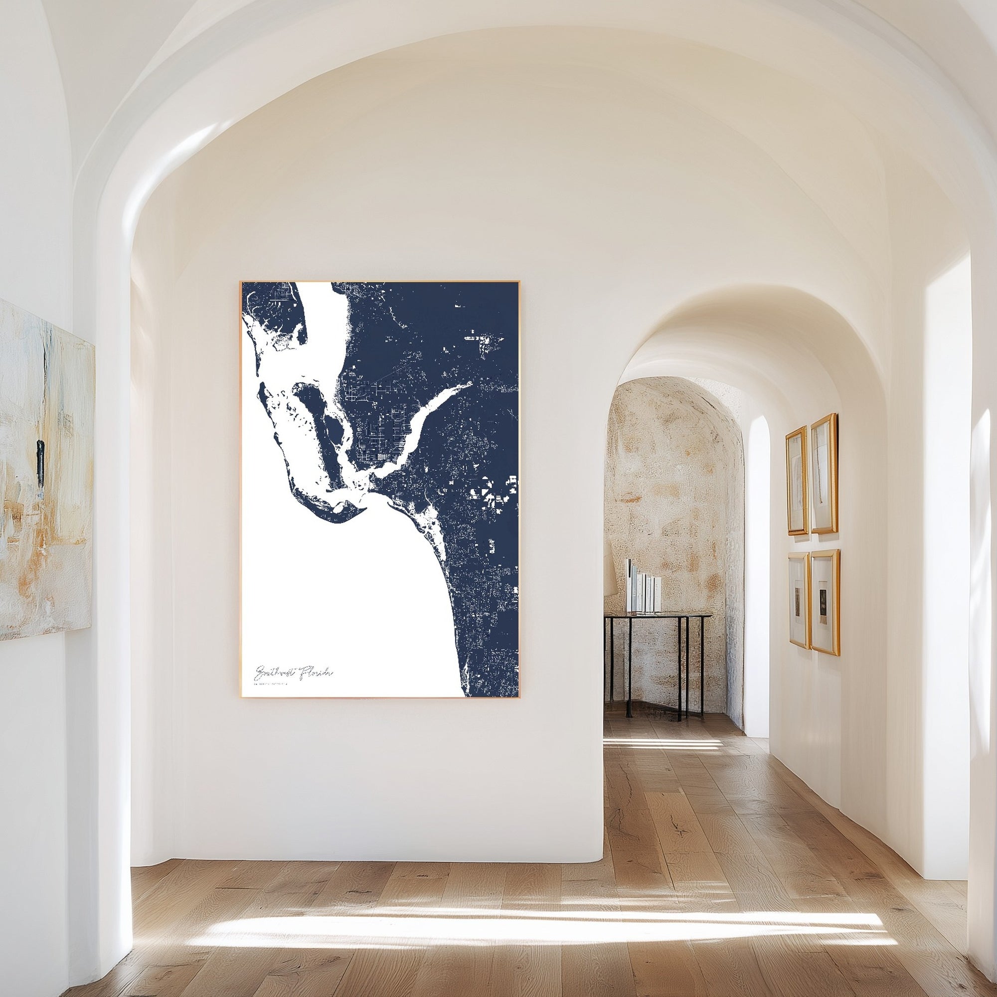 Southwest Florida navy vertical canvas map in the Bello mixed room scene