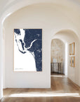 Southwest Florida navy vertical canvas map in the Bello mixed room scene