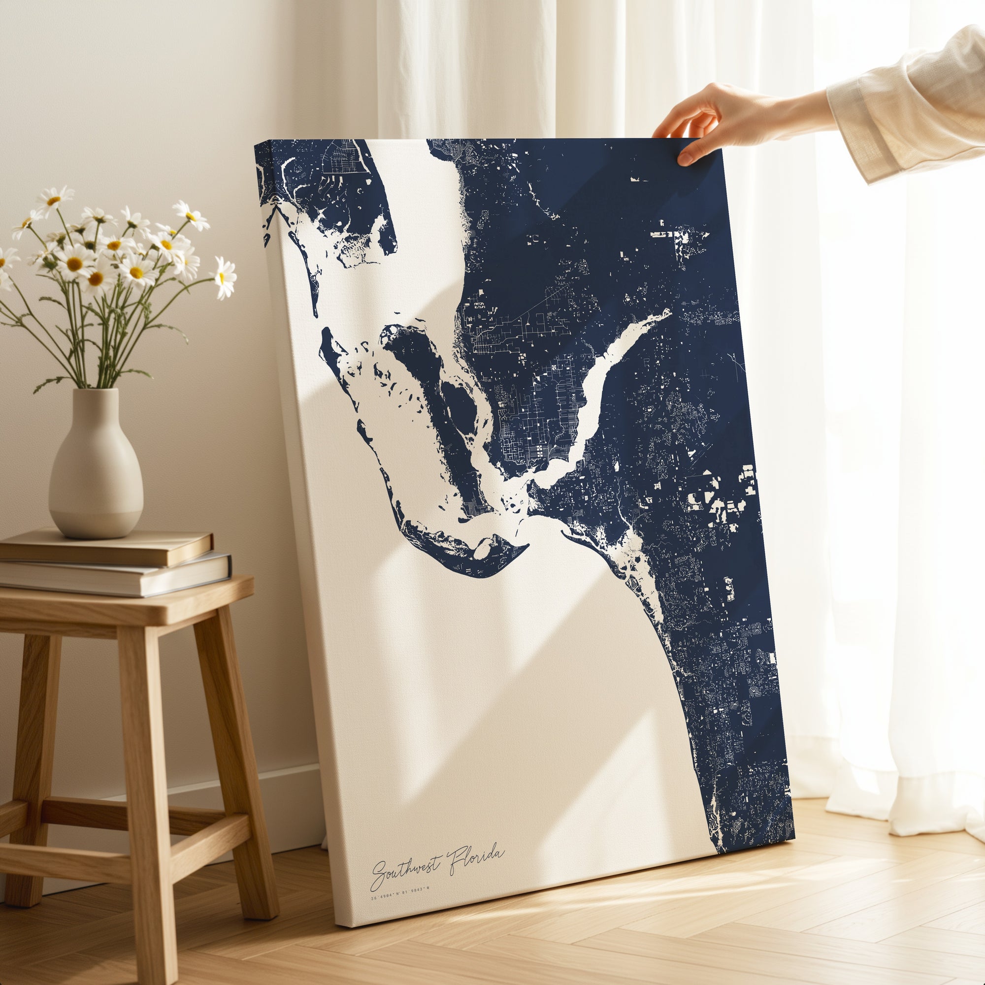 Southwest Florida navy vertical wrapped canvas map in the ratio 2:3 hand mockup