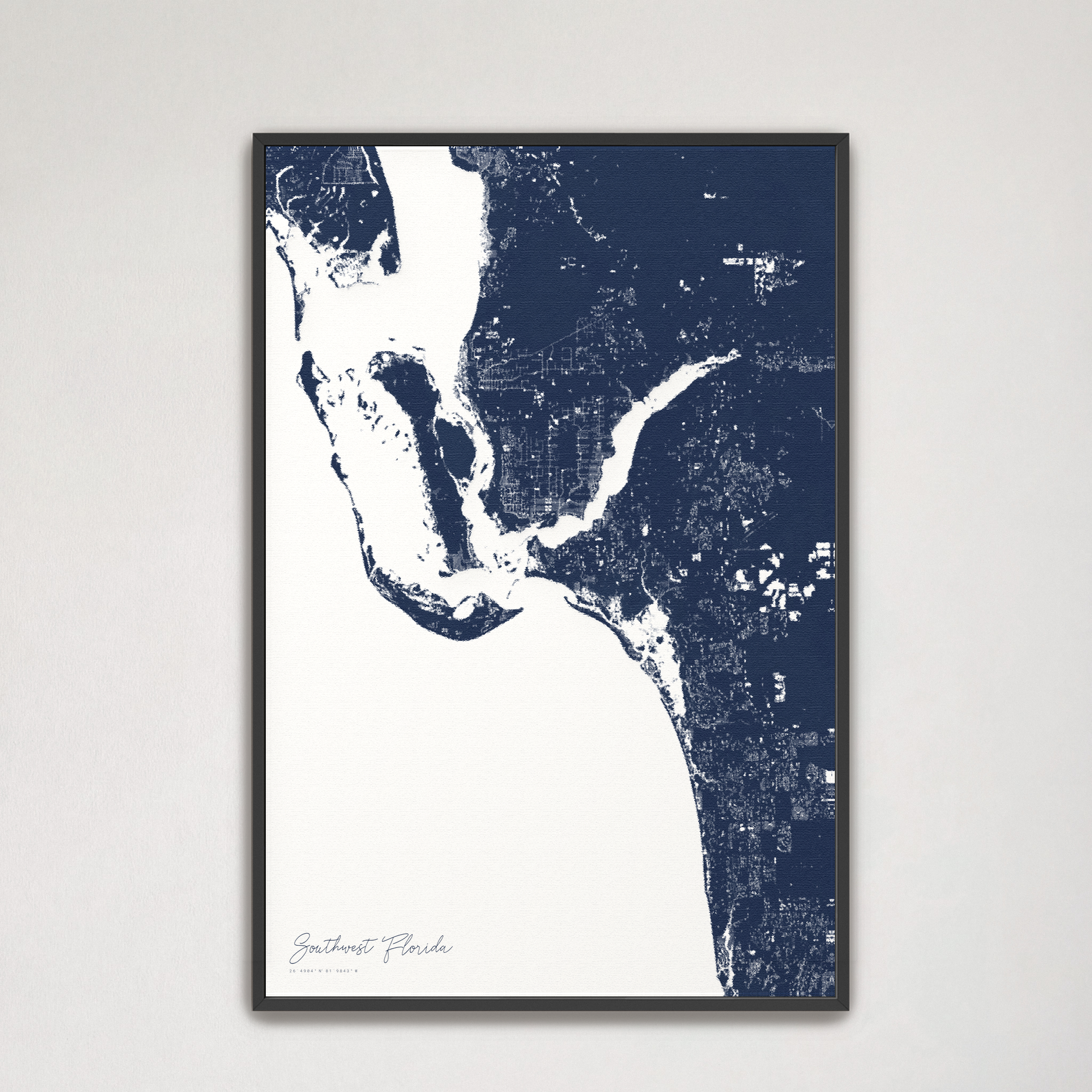 Southwest Florida Coastal Map — Canvas Vertical, navy, Black Frame
