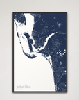 Southwest Florida Coastal Map — Canvas Vertical, navy, Black Frame