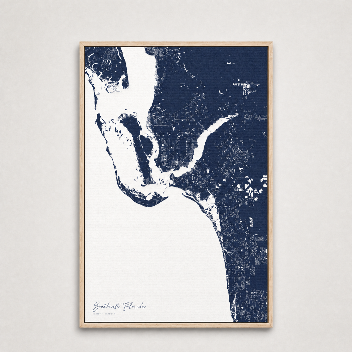 Southwest Florida Coastal Map — Canvas Vertical — navy, Light Wood