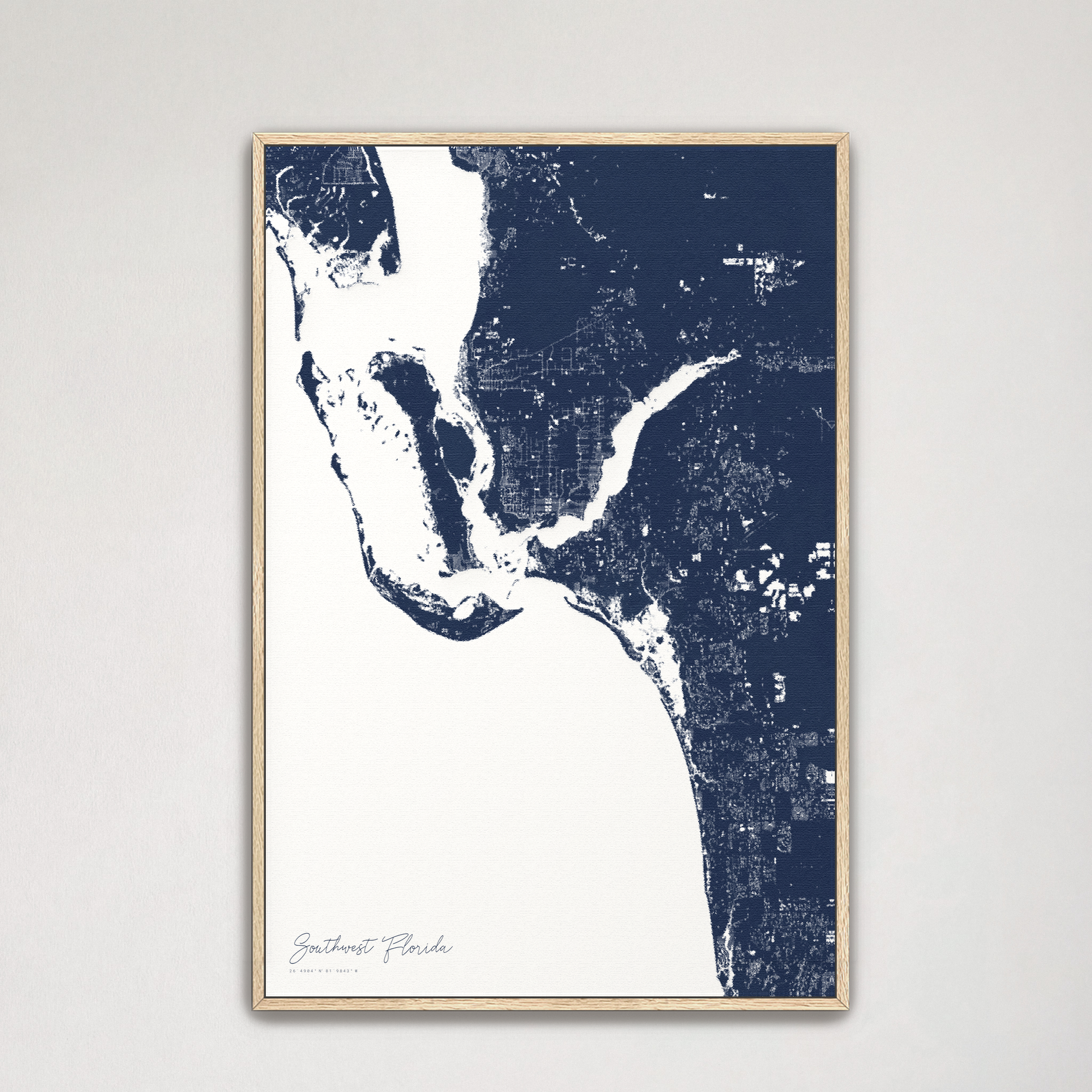 Southwest Florida Coastal Map — Canvas Vertical, navy, Natural Oak