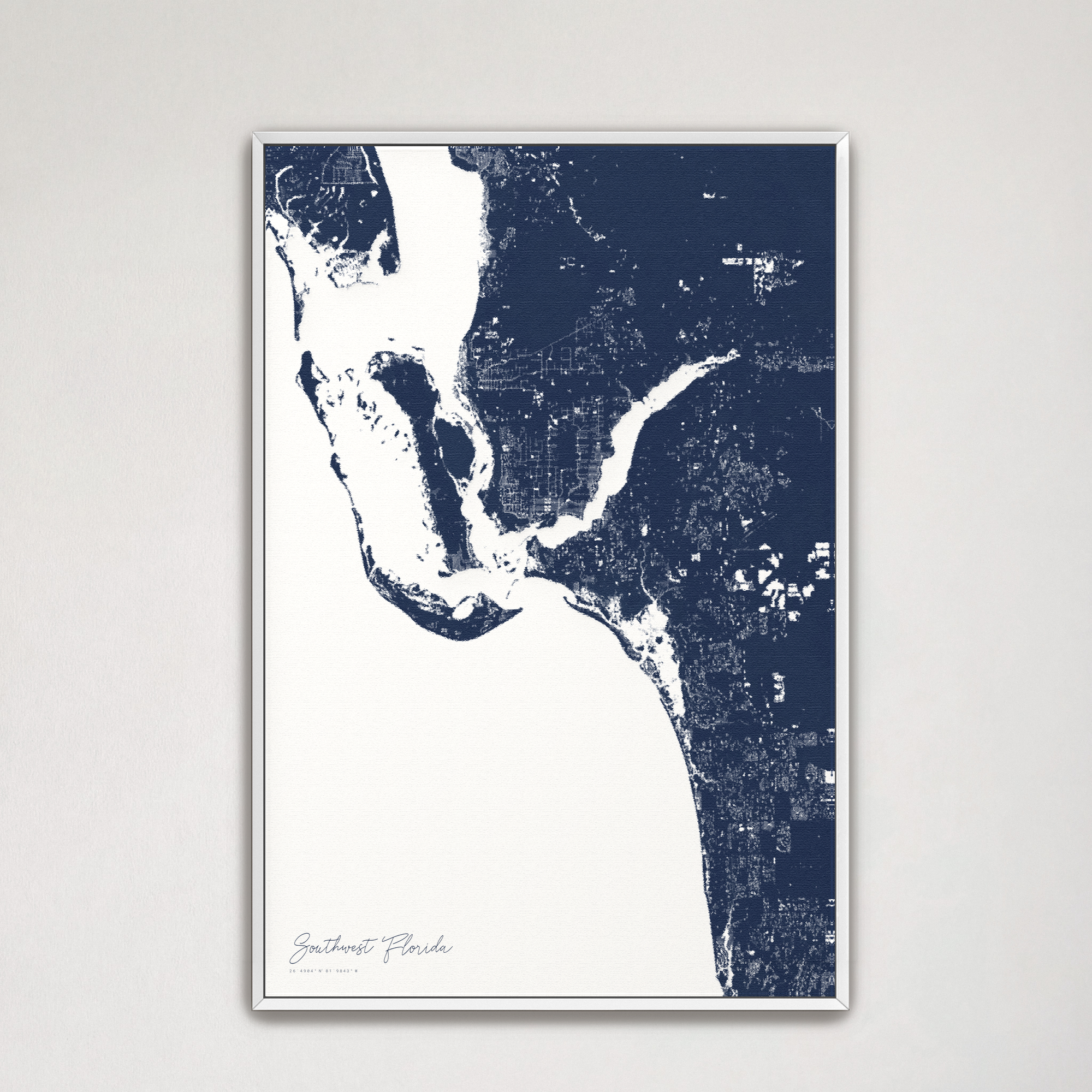 Southwest Florida Coastal Map — Canvas Vertical, navy, White Frame