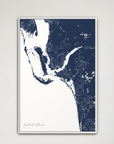Southwest Florida Coastal Map — Canvas Vertical, navy, White Frame