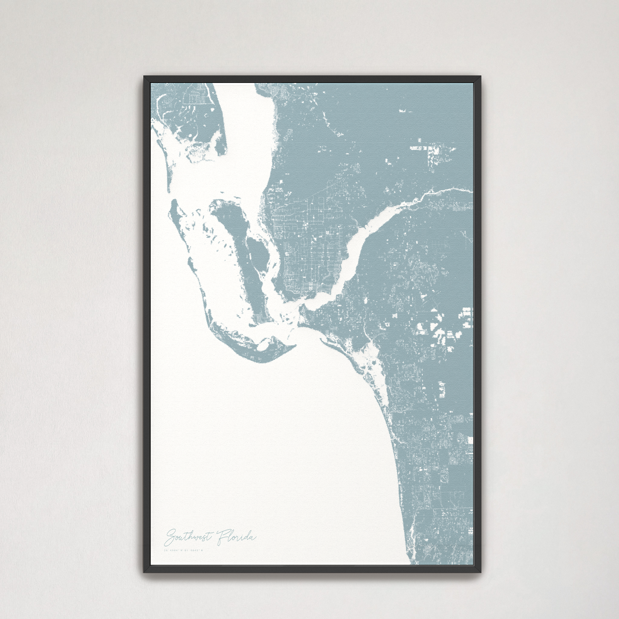 Southwest Florida Coastal Map — Canvas Vertical, soft-blue, Black Frame
