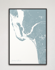 Southwest Florida Coastal Map — Canvas Vertical, soft-blue, Black Frame