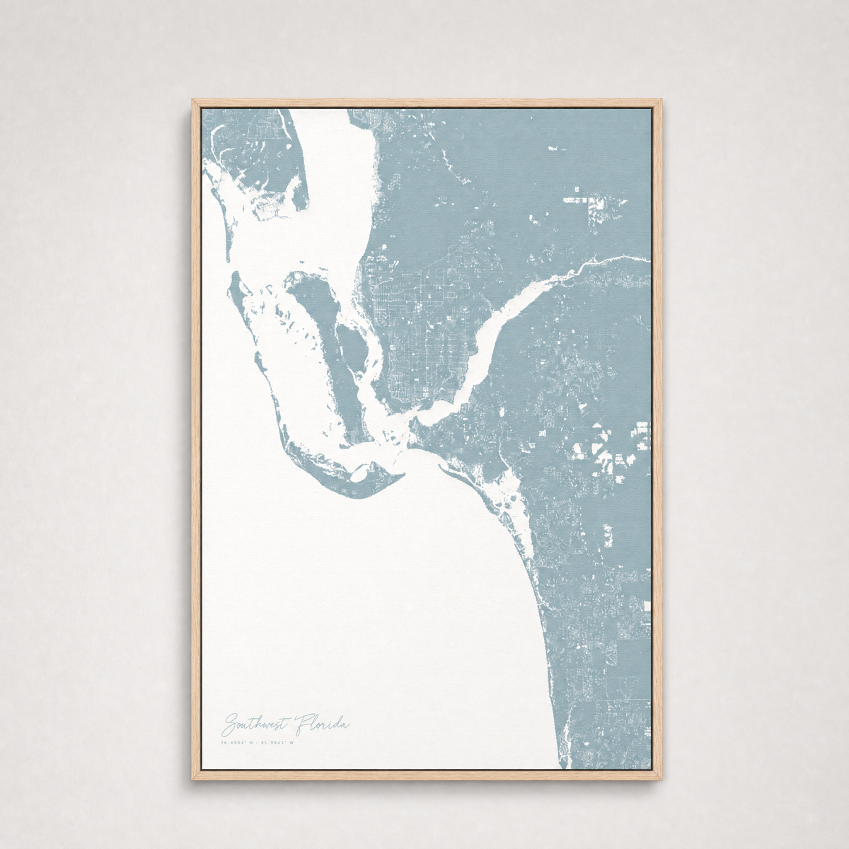 Southwest Florida Coastal Map — Canvas Vertical — soft-blue, Light Wood