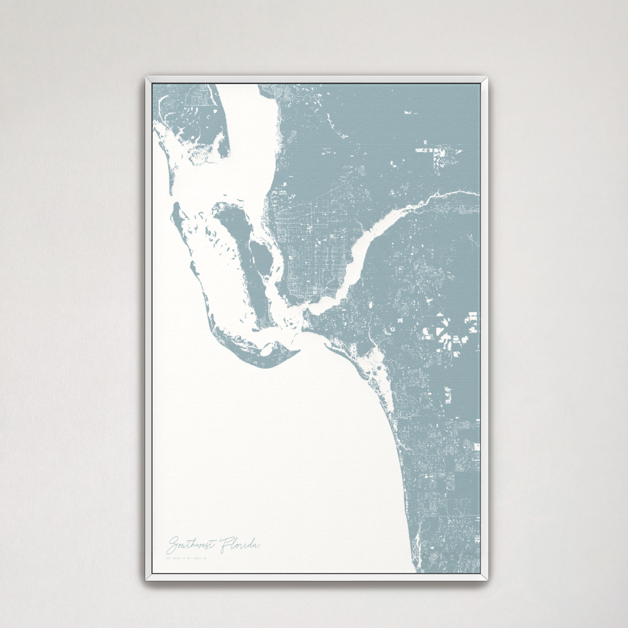 Southwest Florida Coastal Map — Canvas Vertical, soft-blue, White Frame