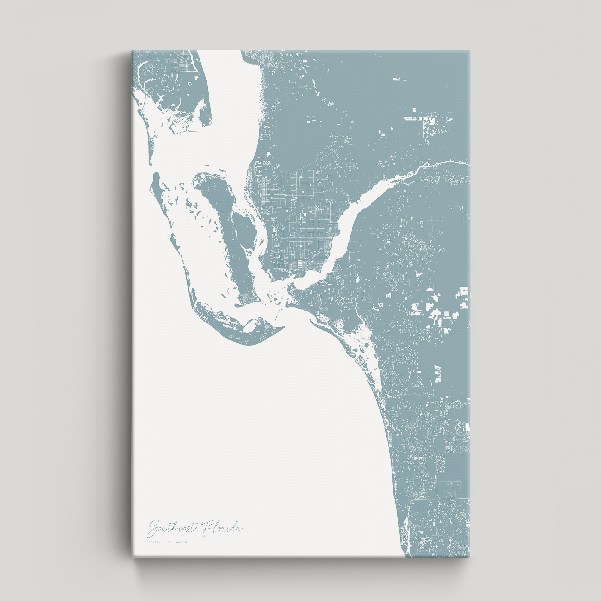 Southwest Florida Coastal Map — Canvas Vertical, soft-blue, No Frame