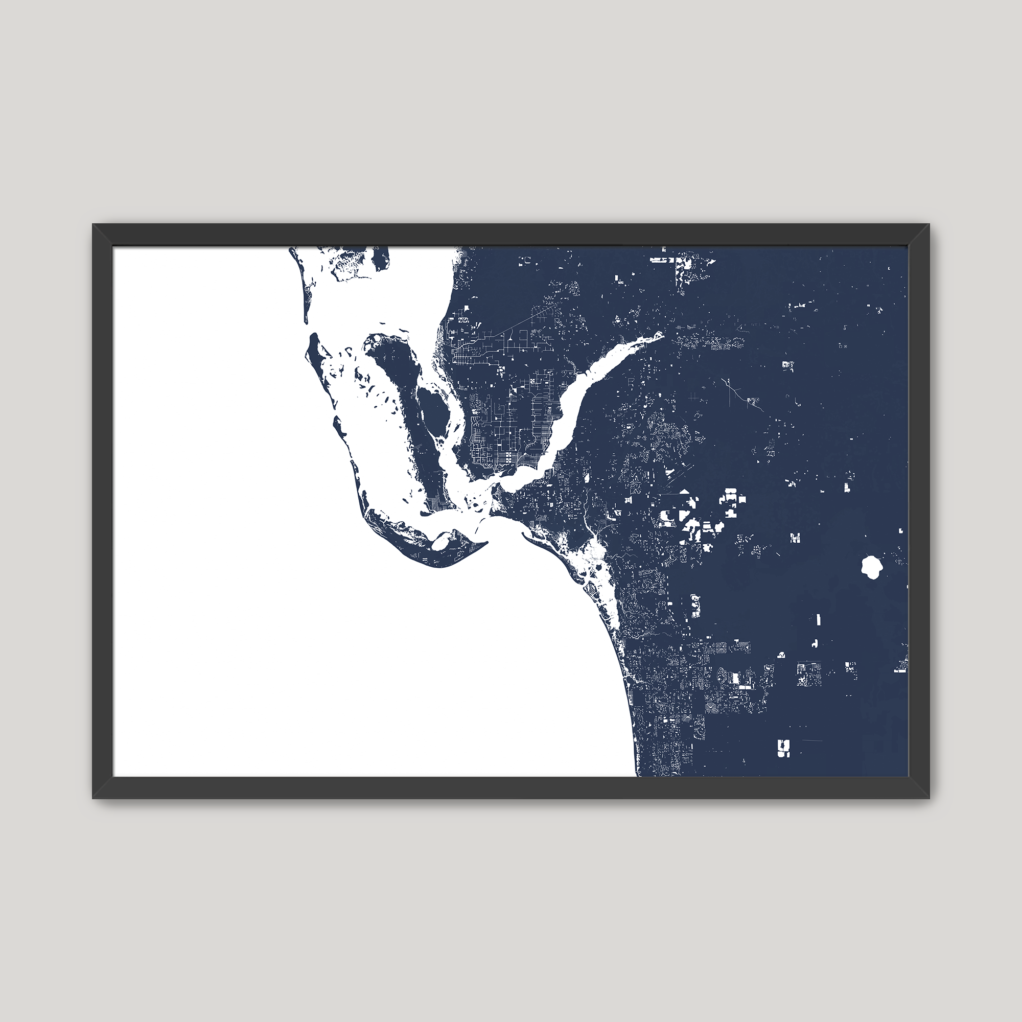 Southwest Florida Coastal Map — Fine Art Print Horizontal, navy, Black Frame, 10x8
