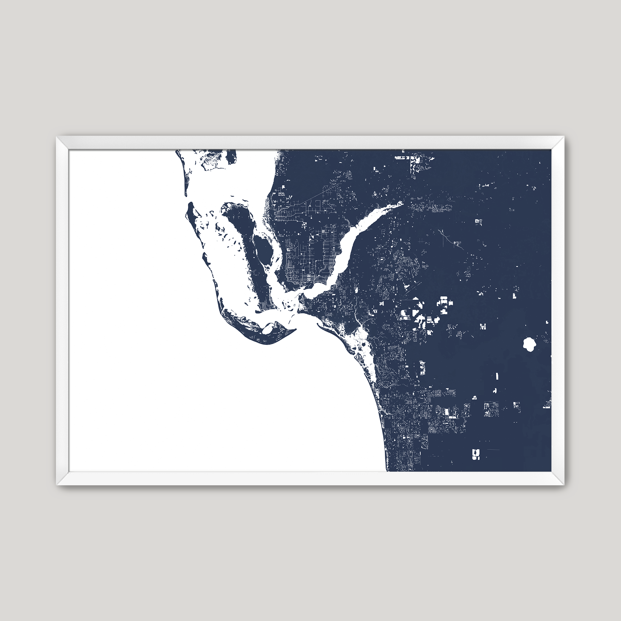 Southwest Florida Coastal Map — Fine Art Print Horizontal, navy, White Frame, 10x8