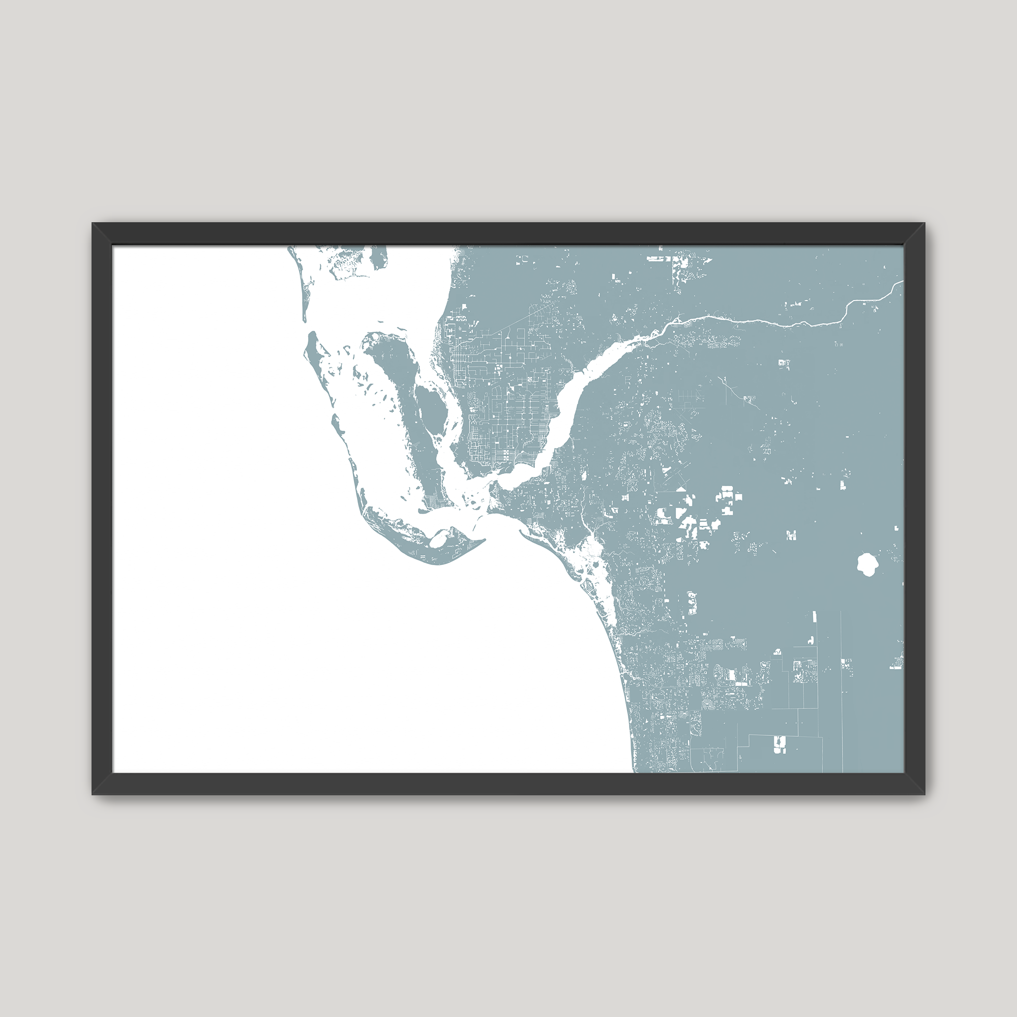 Southwest Florida Coastal Map — Fine Art Print Horizontal, soft-blue, Black Frame, 10x8