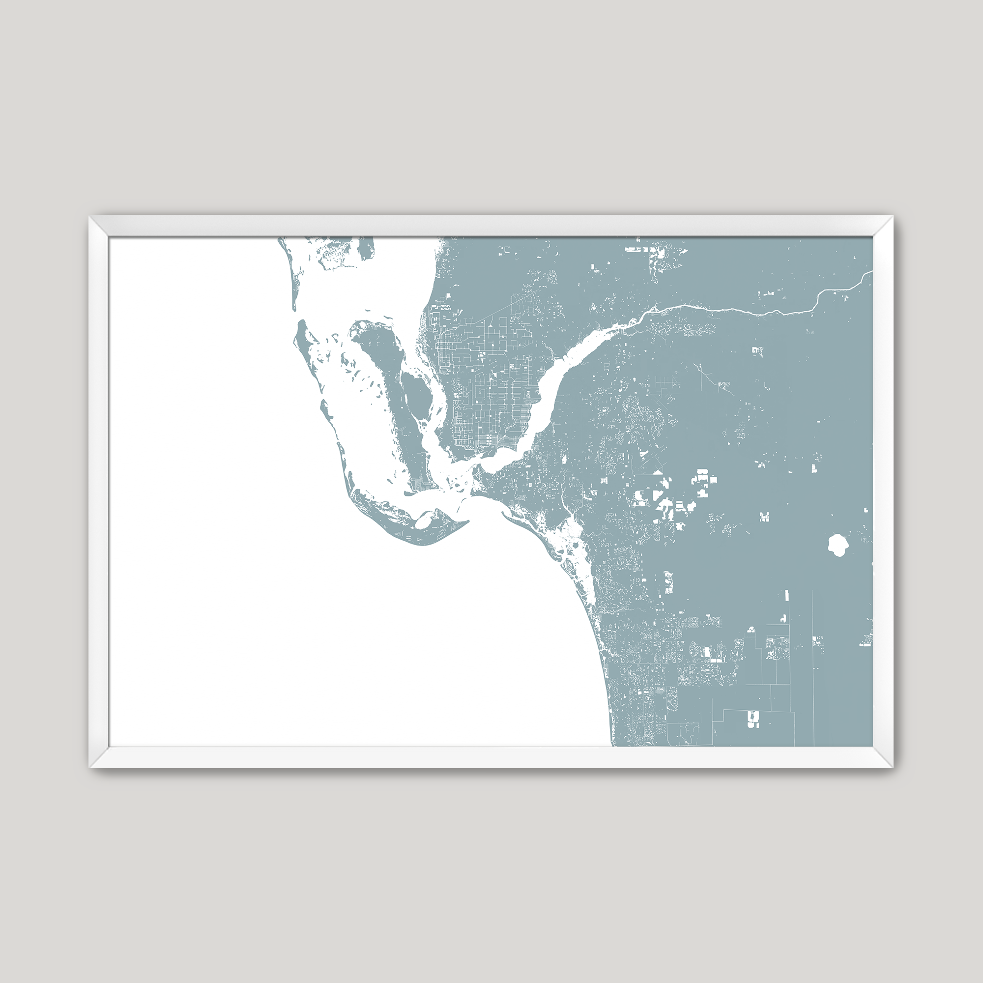 Southwest Florida Coastal Map — Fine Art Print Horizontal, soft-blue, White Frame, 10x8