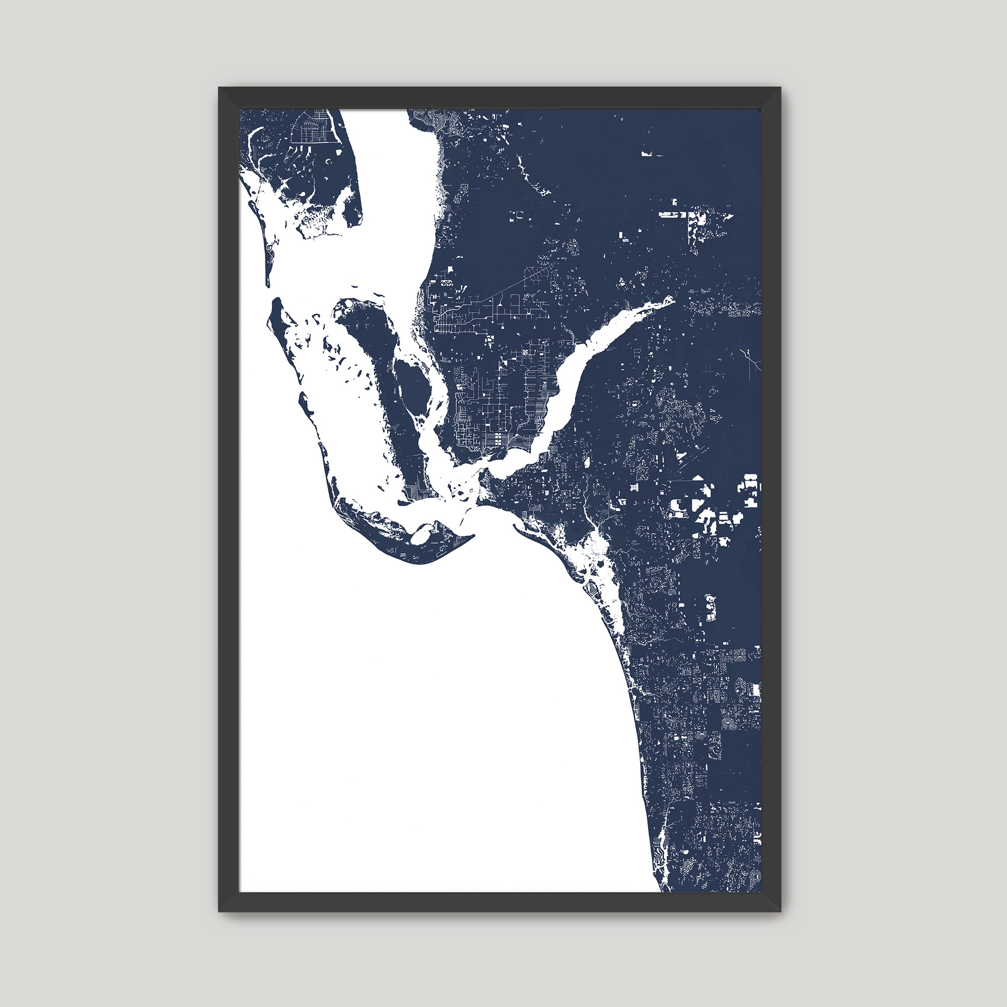 Southwest Florida Coastal Map — Fine Art Print Vertical, navy, Black Frame, 8x10