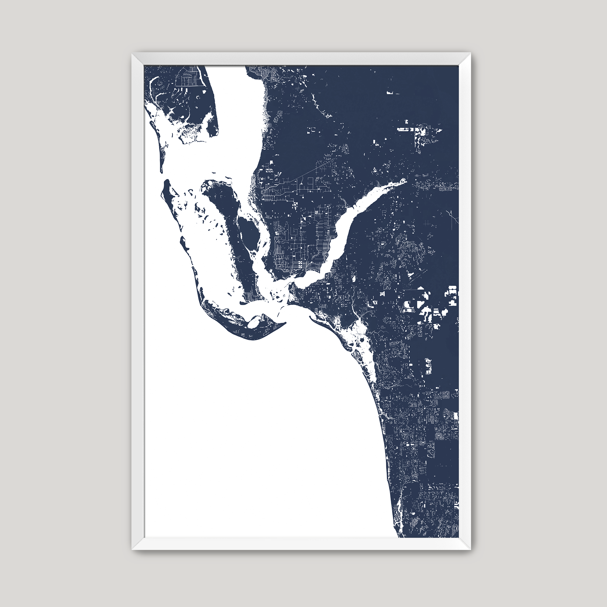 Southwest Florida Coastal Map — Fine Art Print Vertical, navy, White Frame, 8x10