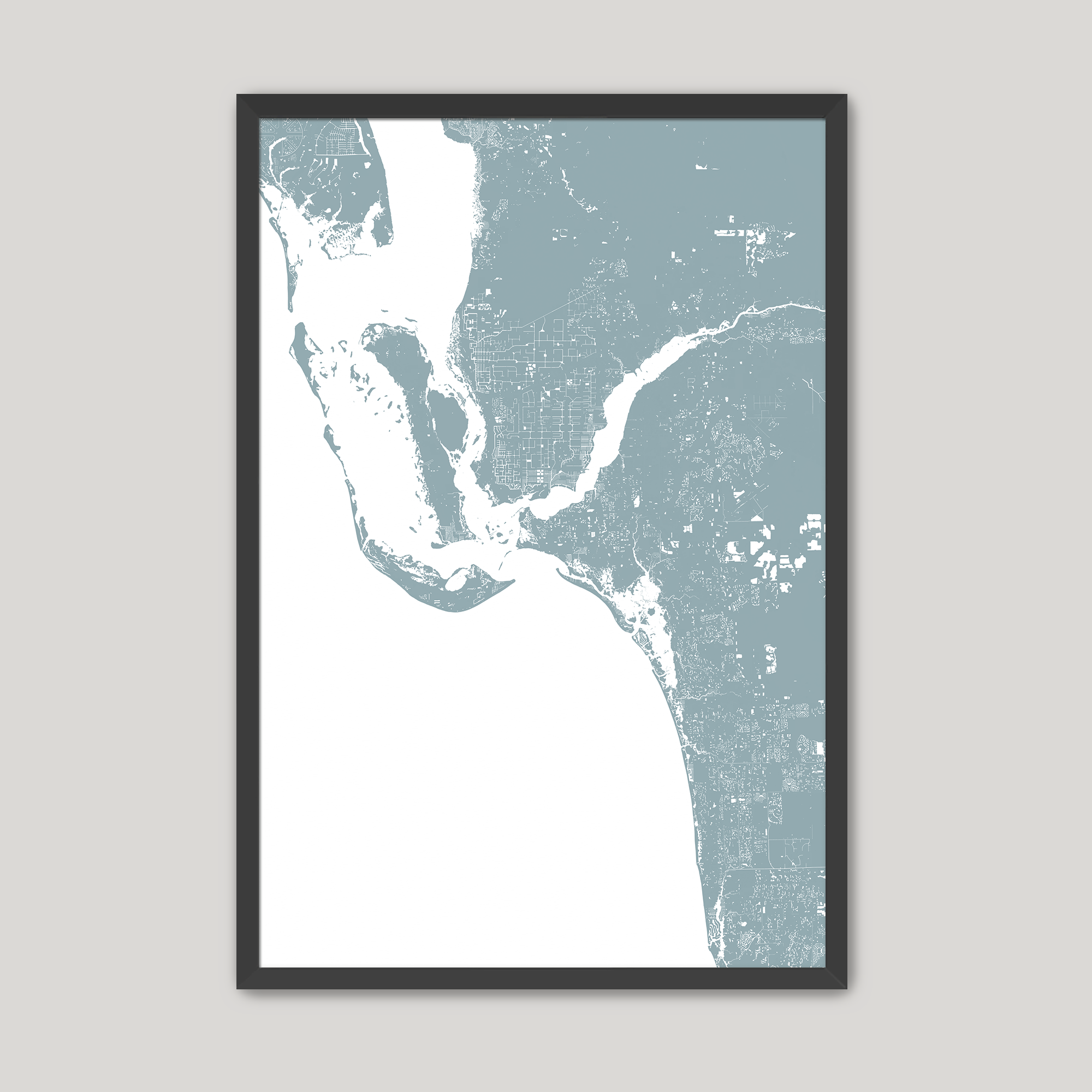 Southwest Florida Coastal Map — Fine Art Print Vertical, soft-blue, Black Frame, 8x10