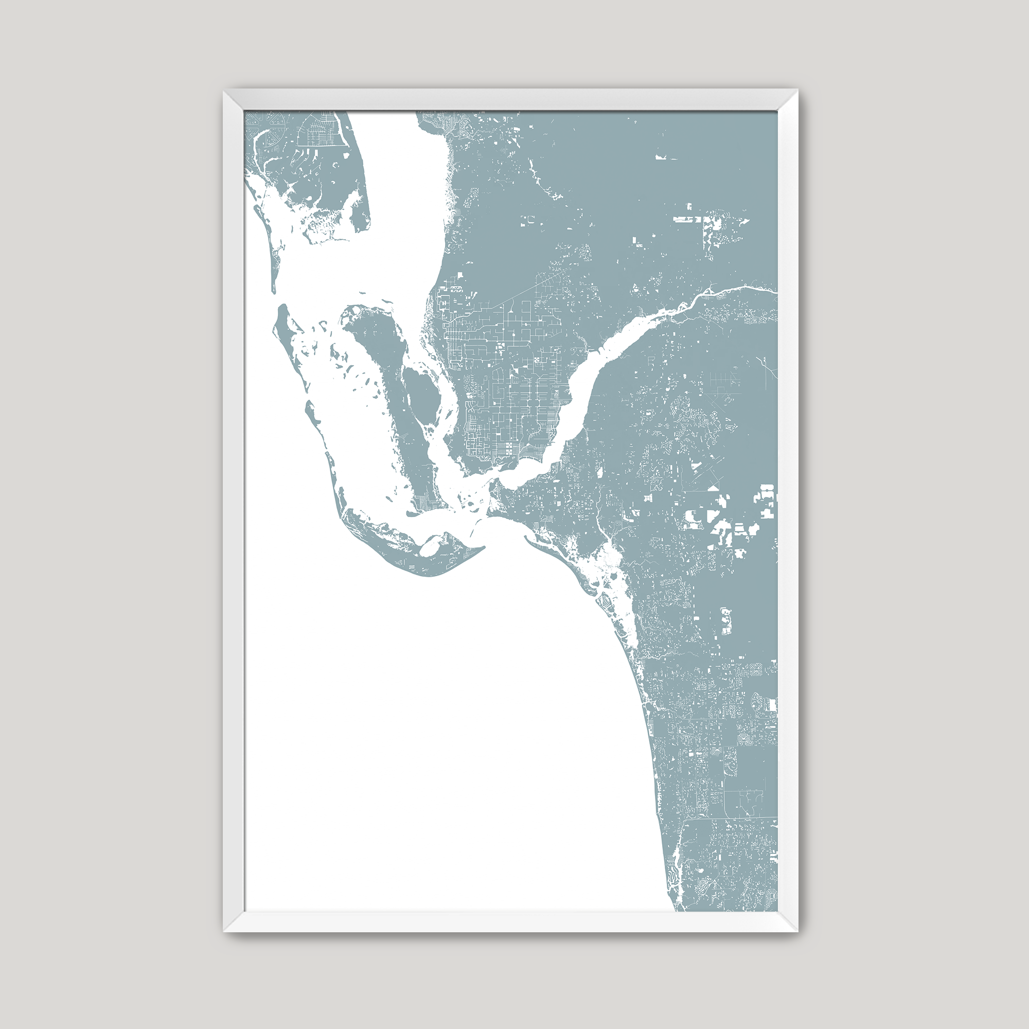 Southwest Florida Coastal Map — Fine Art Print Vertical, soft-blue, White Frame, 8x10