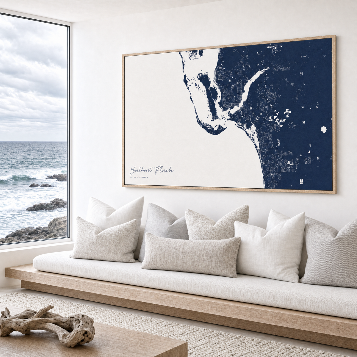 Southwest Florida canvas map — sea-view bench interior