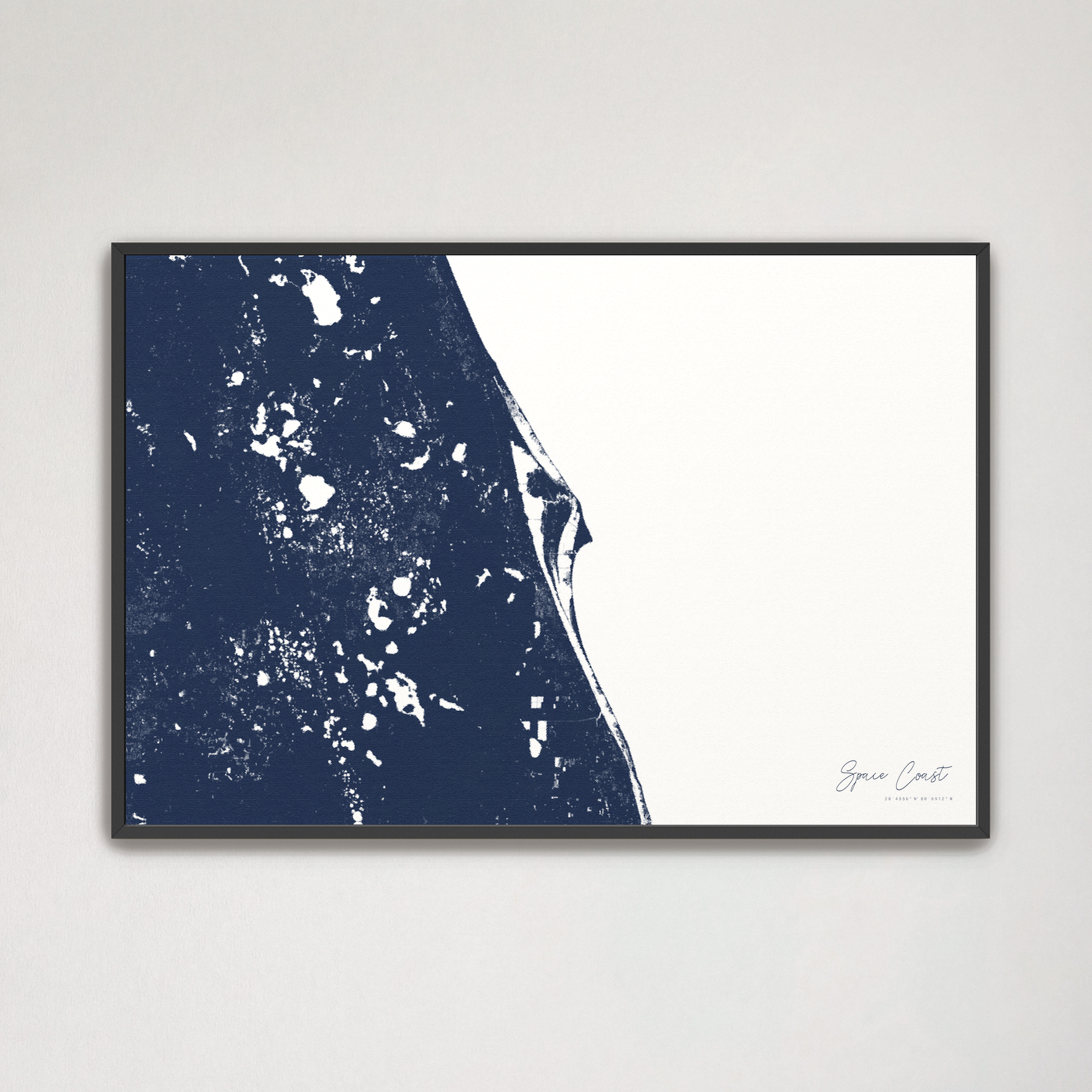 Space Coast Coastal Map — Canvas Horizontal, navy, Black Frame