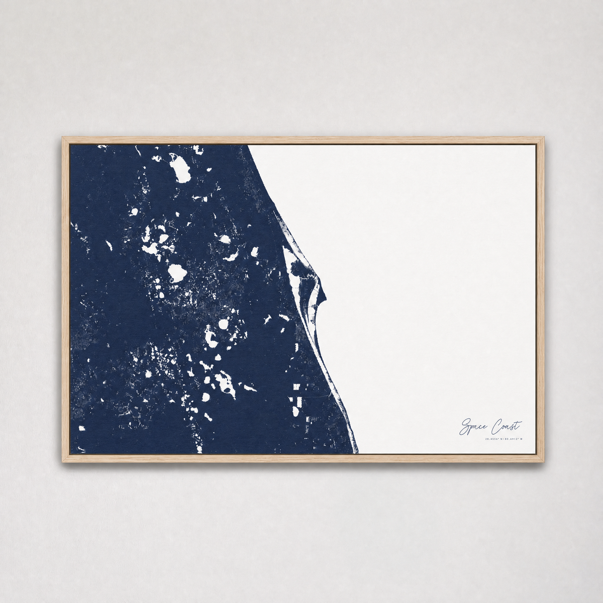 Space Coast Coastal Map — Canvas Horizontal — navy, Light Wood