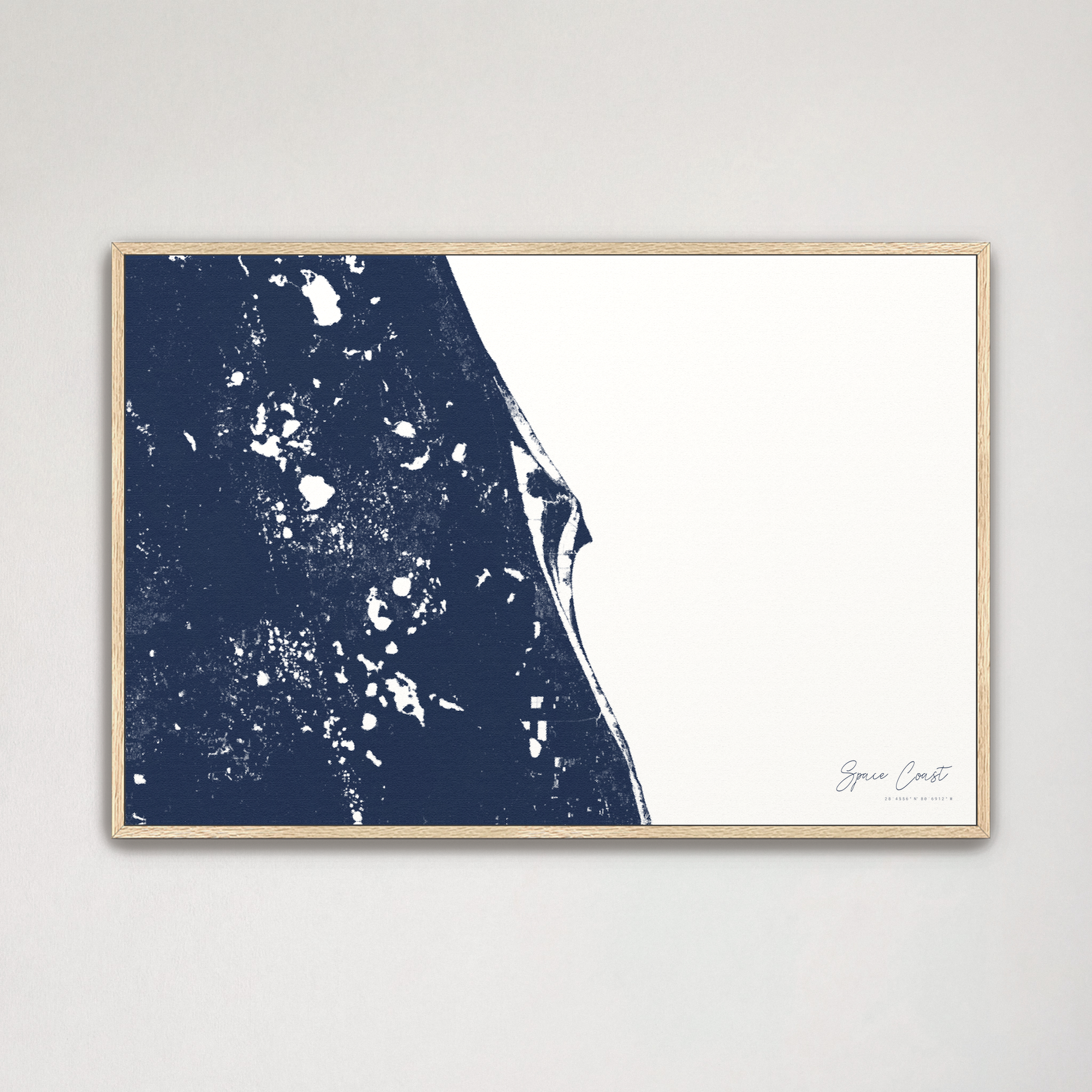 Space Coast Coastal Map — Canvas Horizontal, navy, Natural Oak