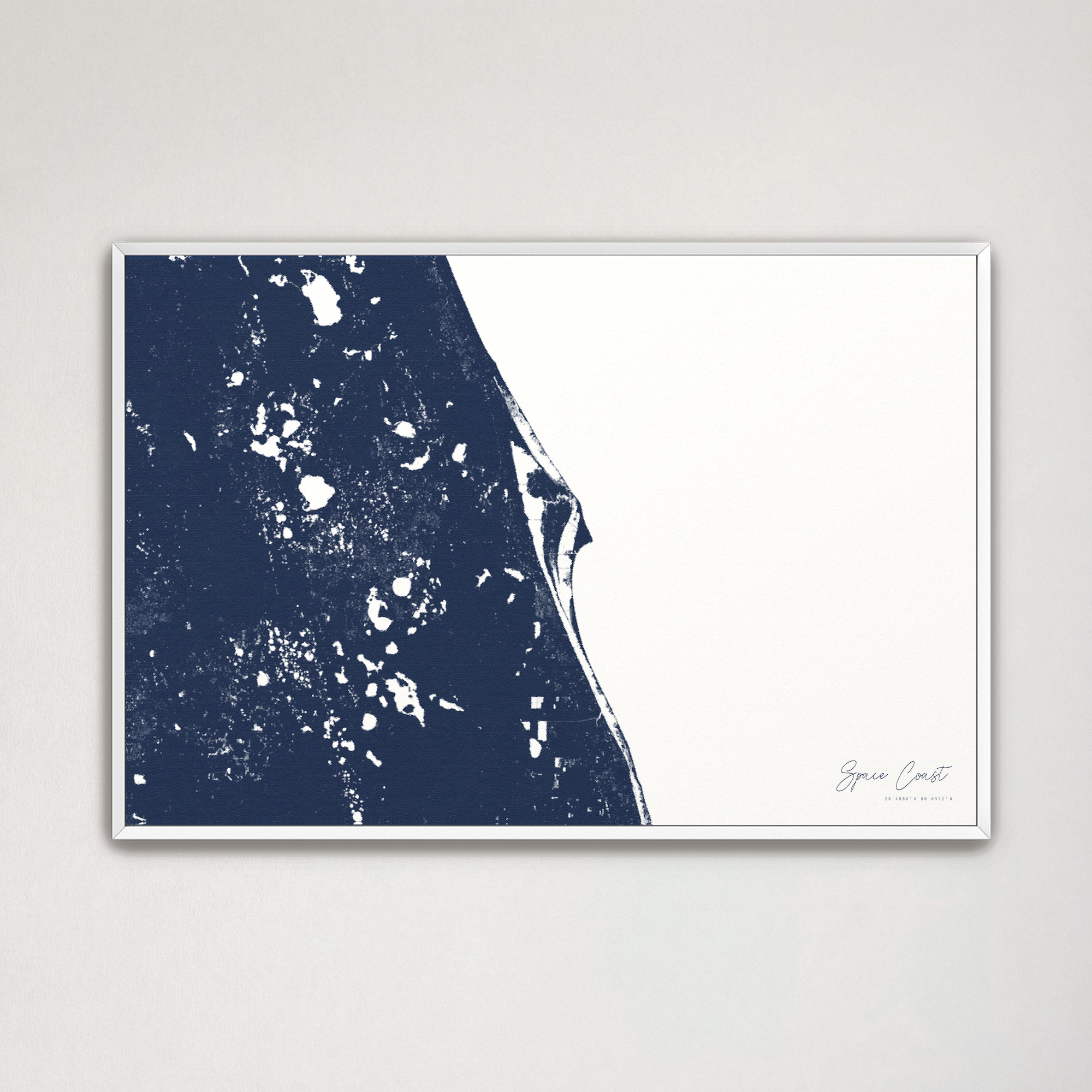 Space Coast Coastal Map — Canvas Horizontal, navy, White Frame