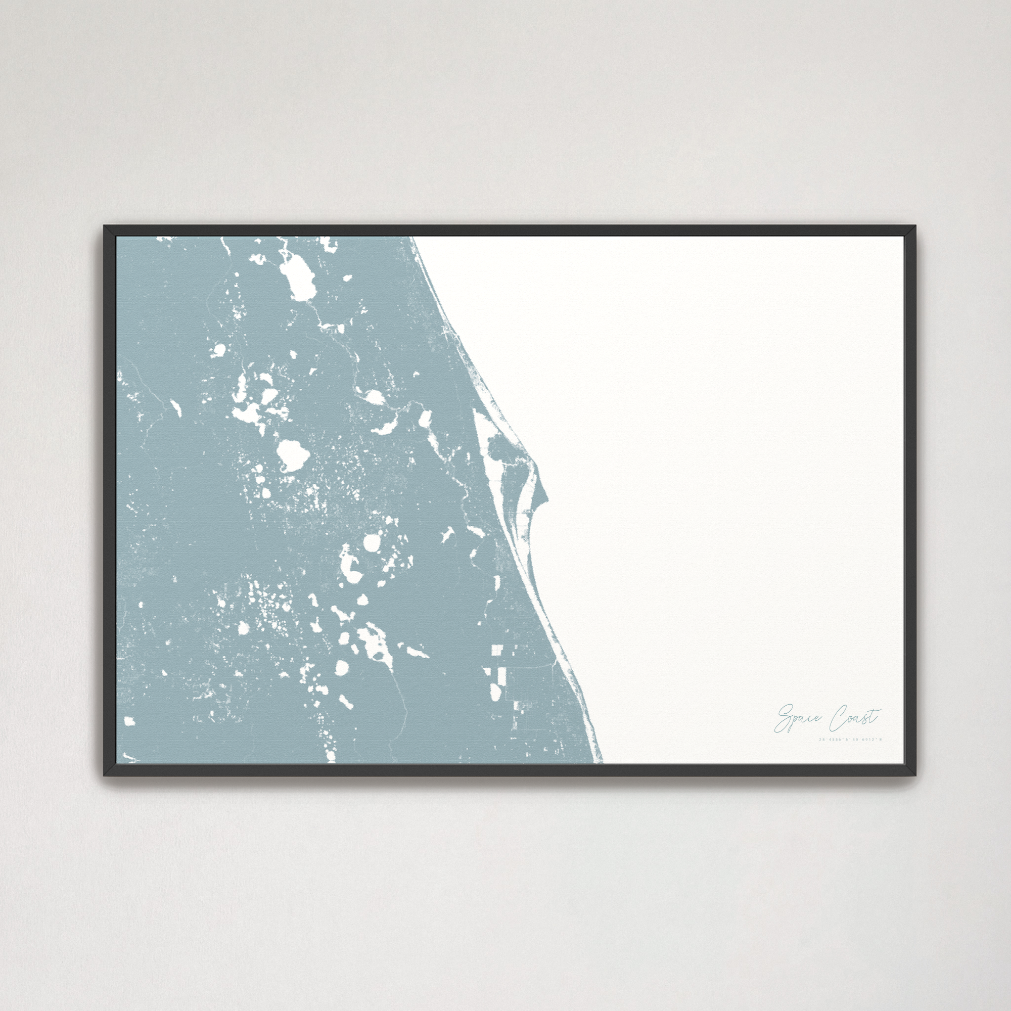 Space Coast Coastal Map — Canvas Horizontal, soft-blue, Black Frame