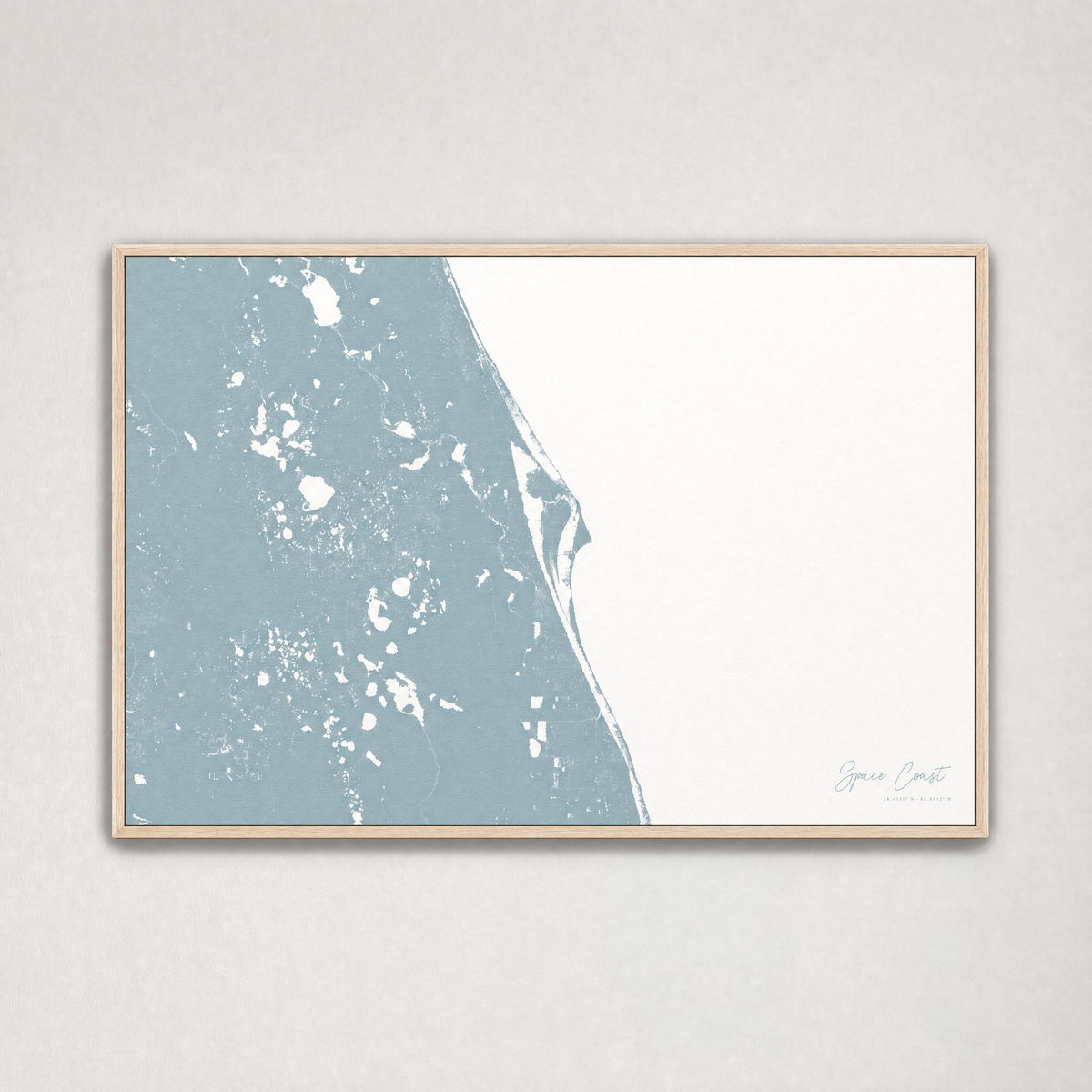 Space Coast Coastal Map — Canvas Horizontal — soft-blue, Light Wood