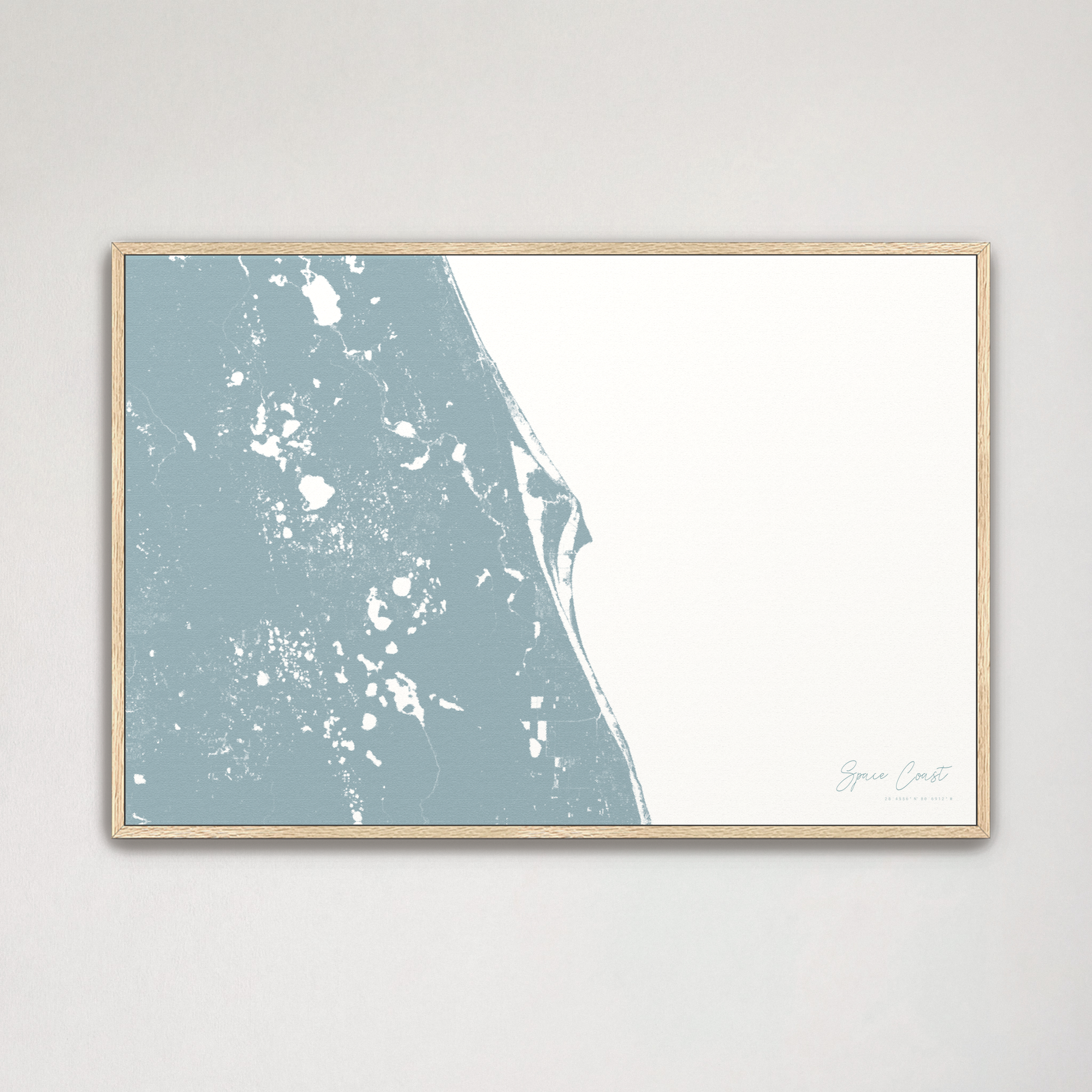 Space Coast Coastal Map — Canvas Horizontal, soft-blue, Natural Oak