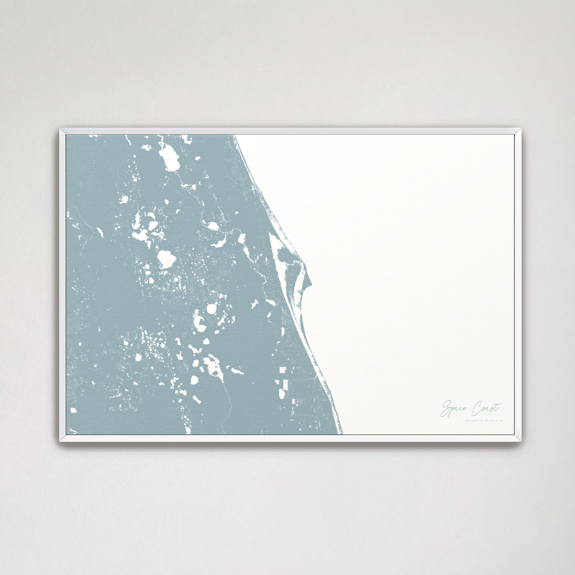 Space Coast Coastal Map — Canvas Horizontal, soft-blue, White Frame
