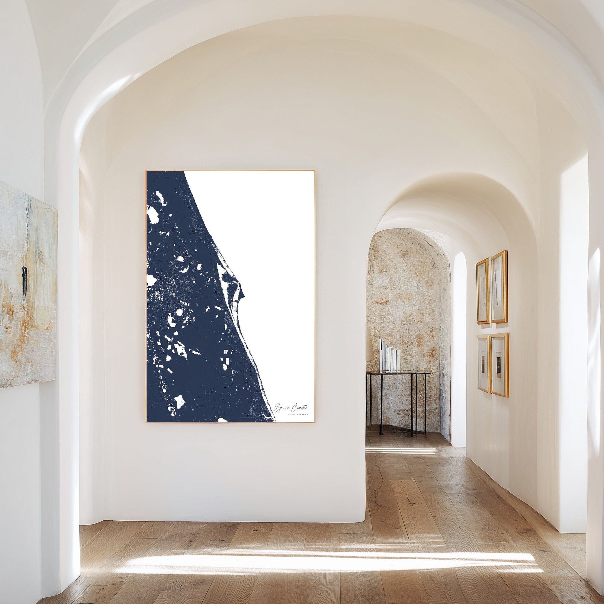 Space Coast navy vertical canvas map in the Bello mixed room scene