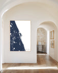 Space Coast navy vertical canvas map in the Bello mixed room scene