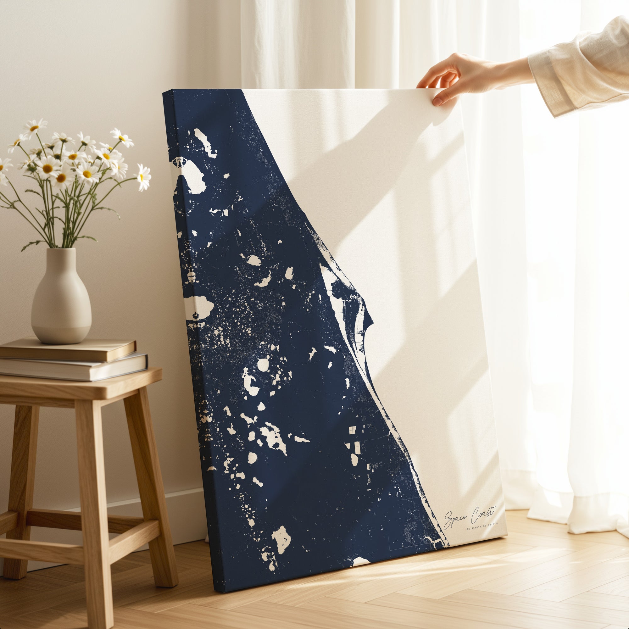 Space Coast navy vertical wrapped canvas map in the ratio 2:3 hand mockup