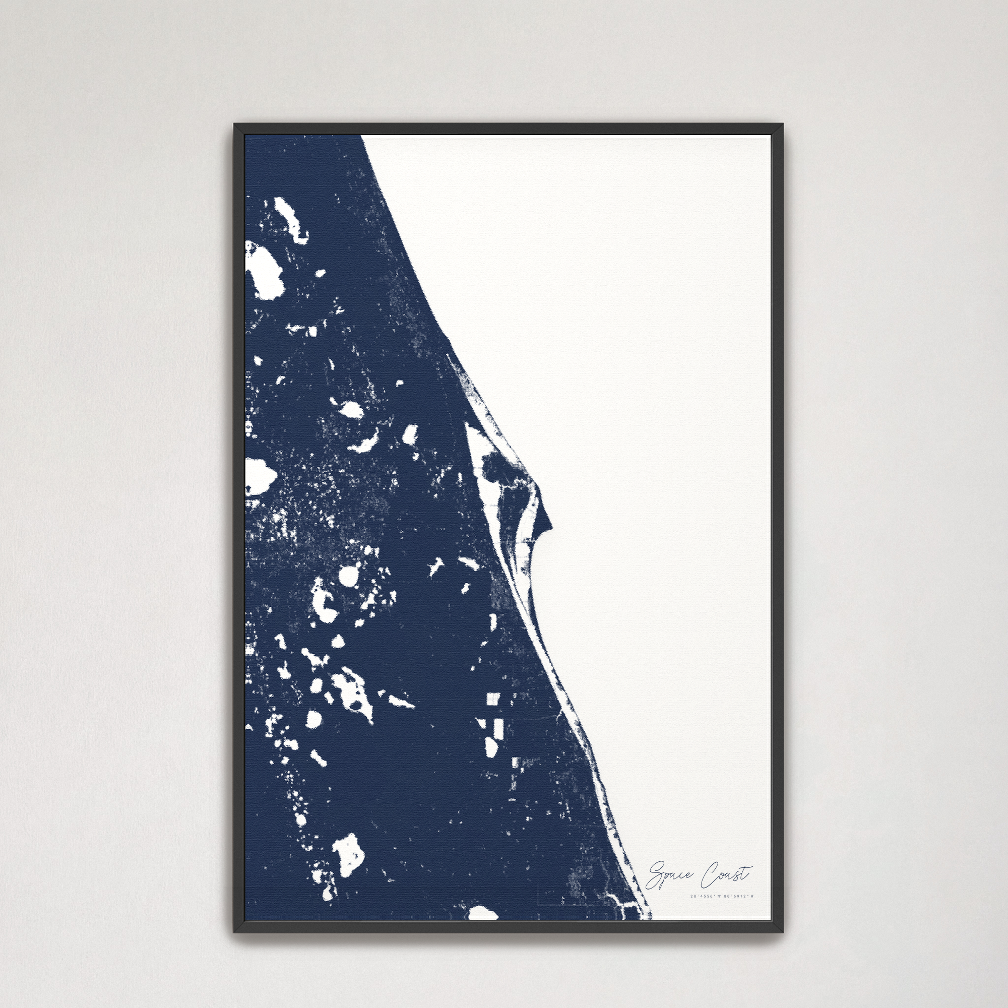 Space Coast Coastal Map — Canvas Vertical, navy, Black Frame