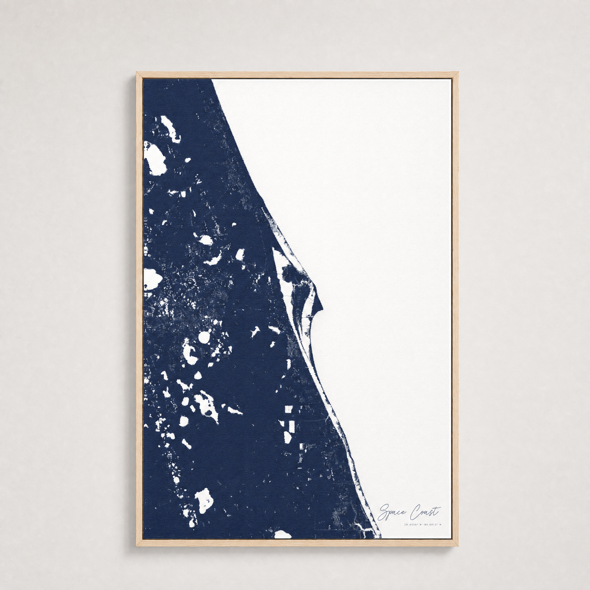 Space Coast Coastal Map — Canvas Vertical — navy, Light Wood