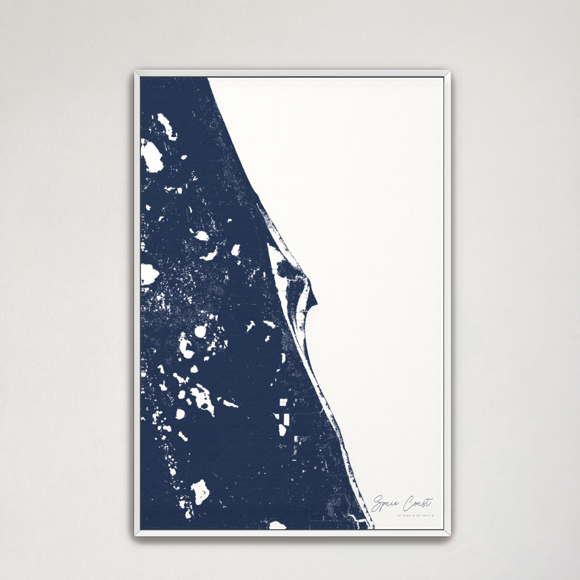 Space Coast Coastal Map — Canvas Vertical, navy, White Frame