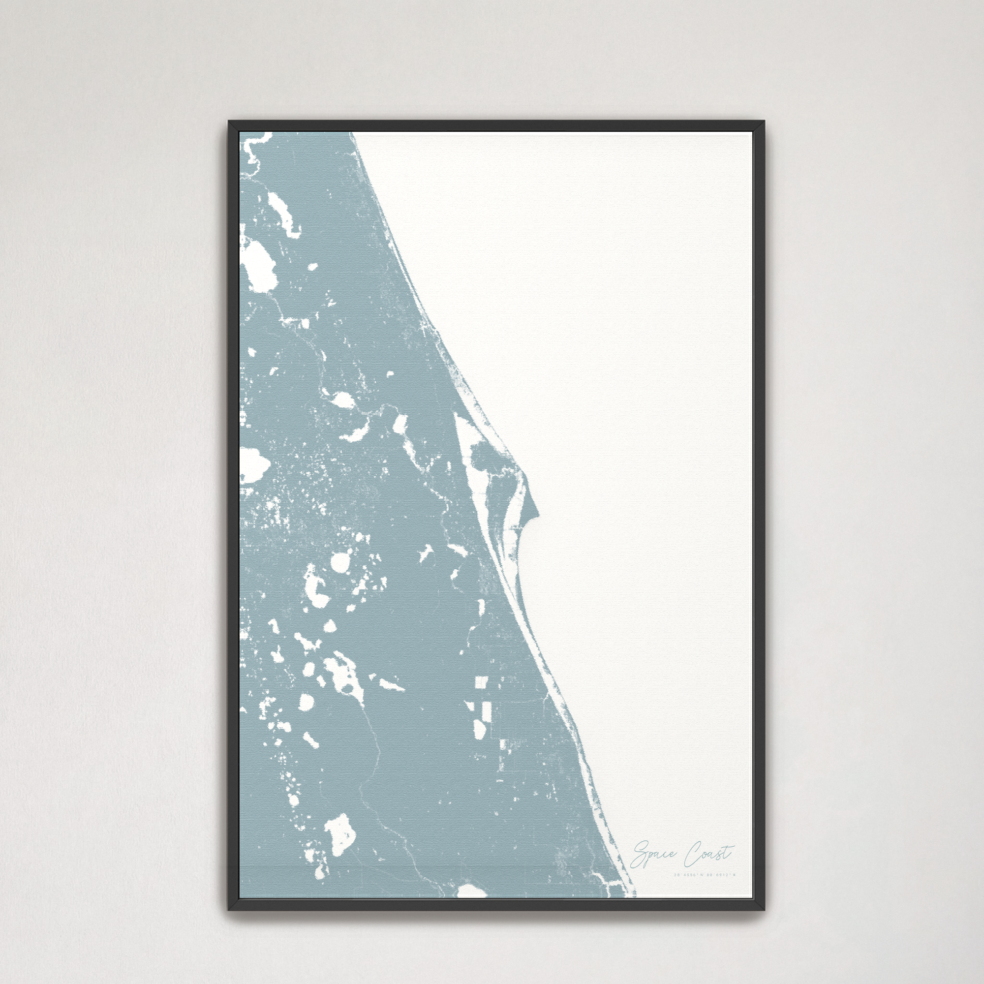 Space Coast Coastal Map — Canvas Vertical, soft-blue, Black Frame
