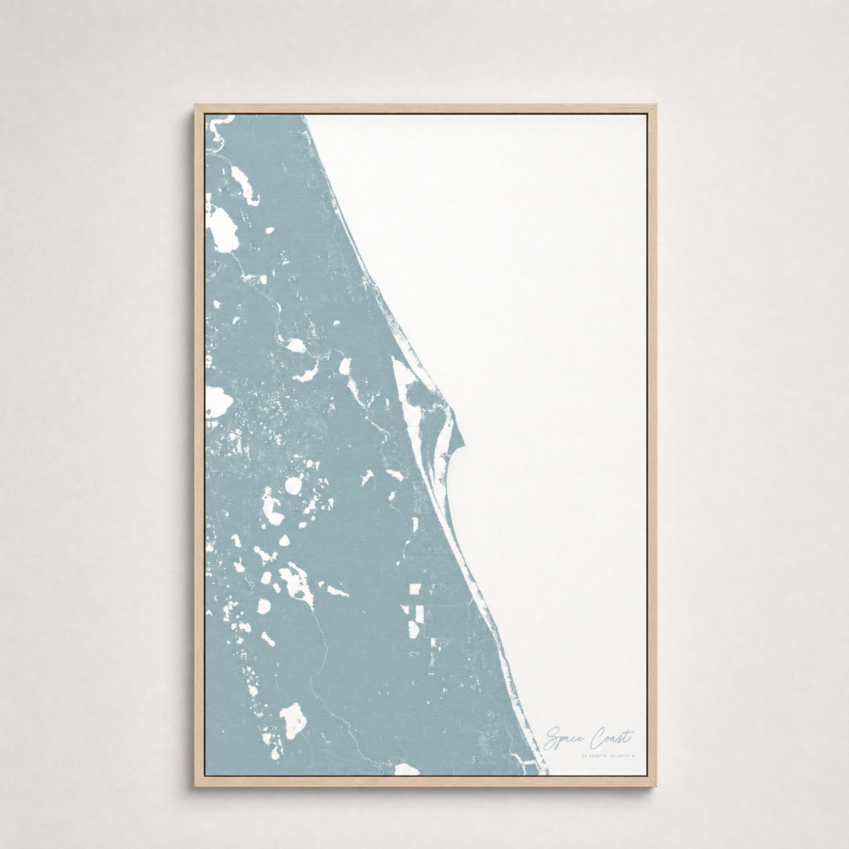 Space Coast Coastal Map — Canvas Vertical — soft-blue, Light Wood