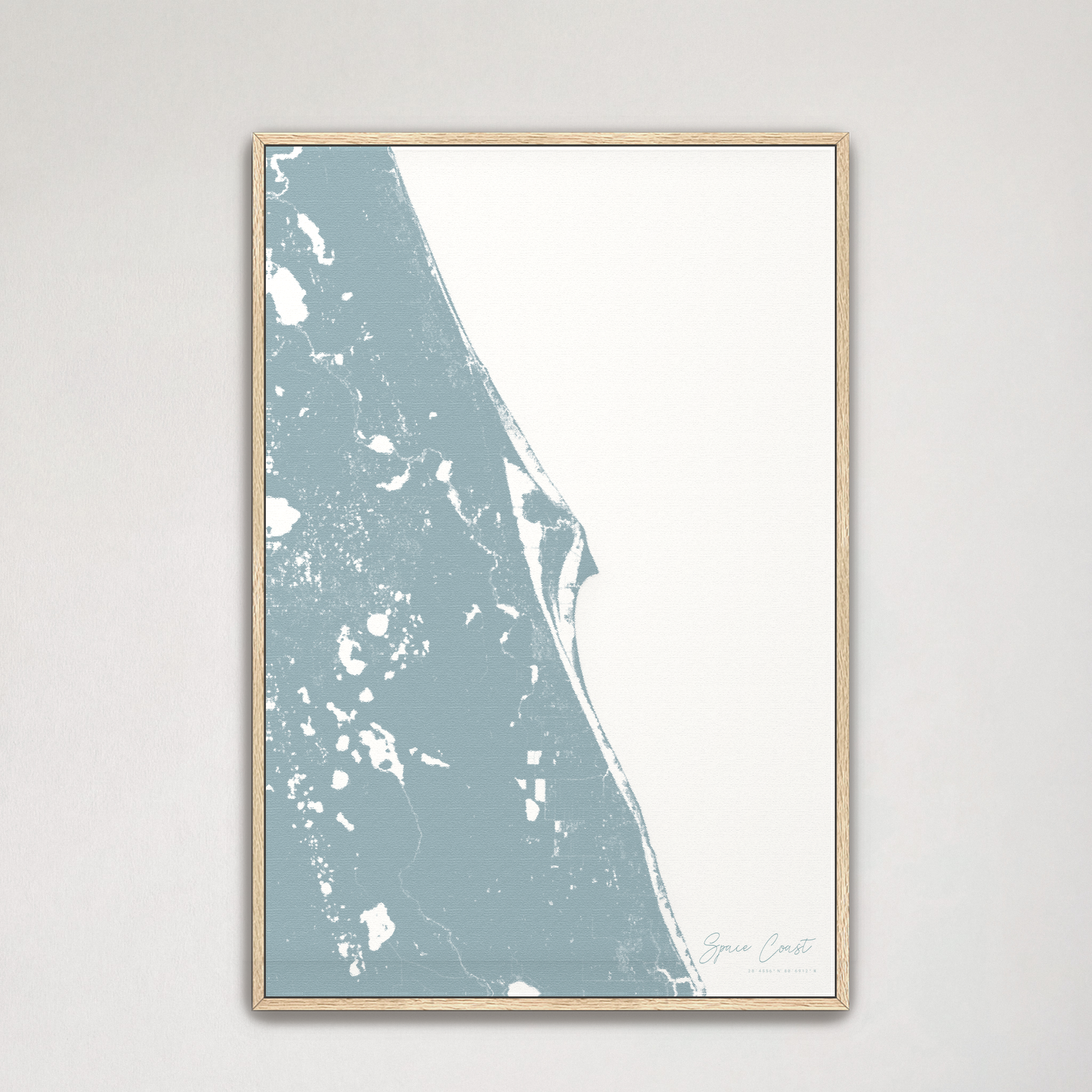 Space Coast Coastal Map — Canvas Vertical, soft-blue, Natural Oak