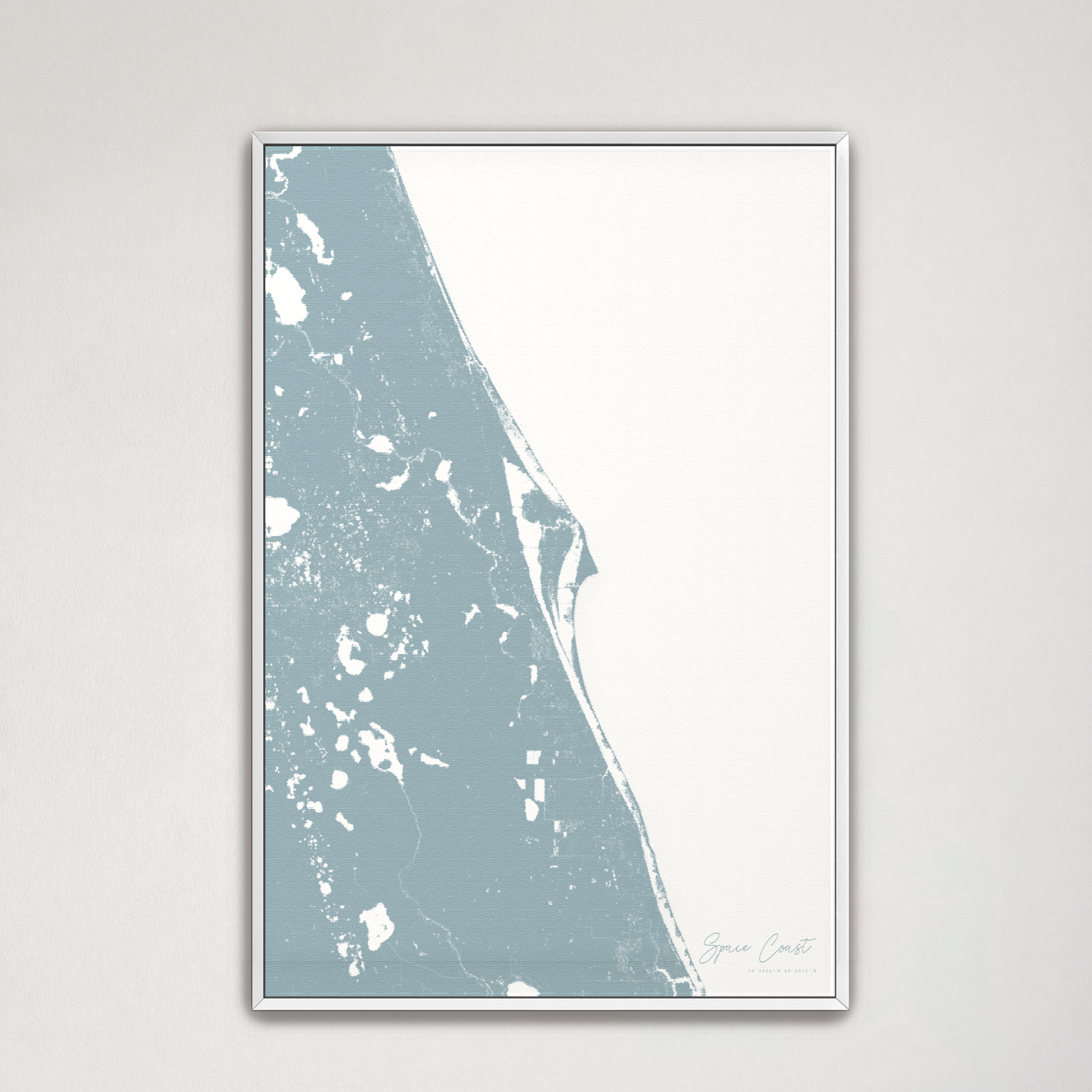 Space Coast Coastal Map — Canvas Vertical, soft-blue, White Frame
