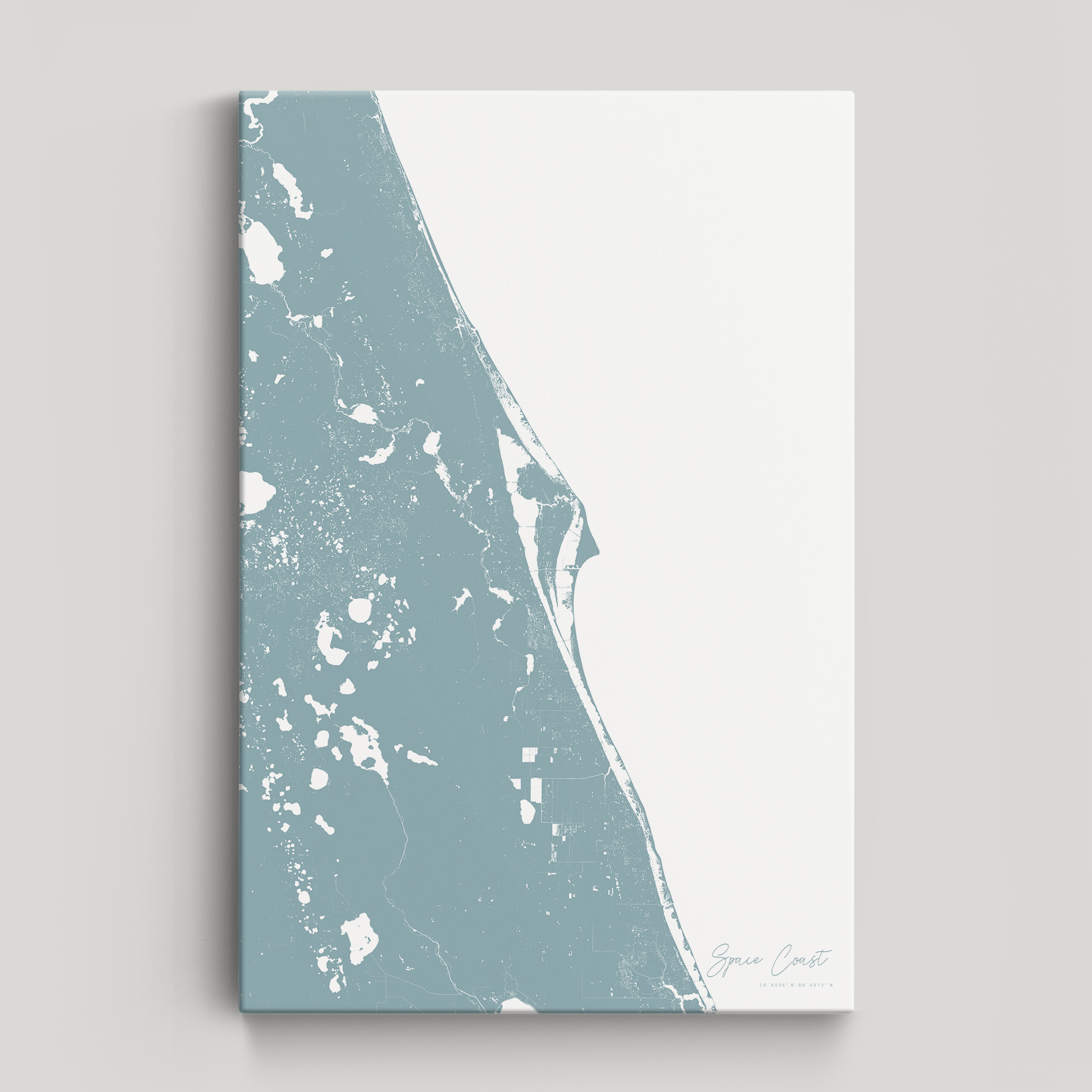 Space Coast Coastal Map — Canvas Vertical, soft-blue, No Frame